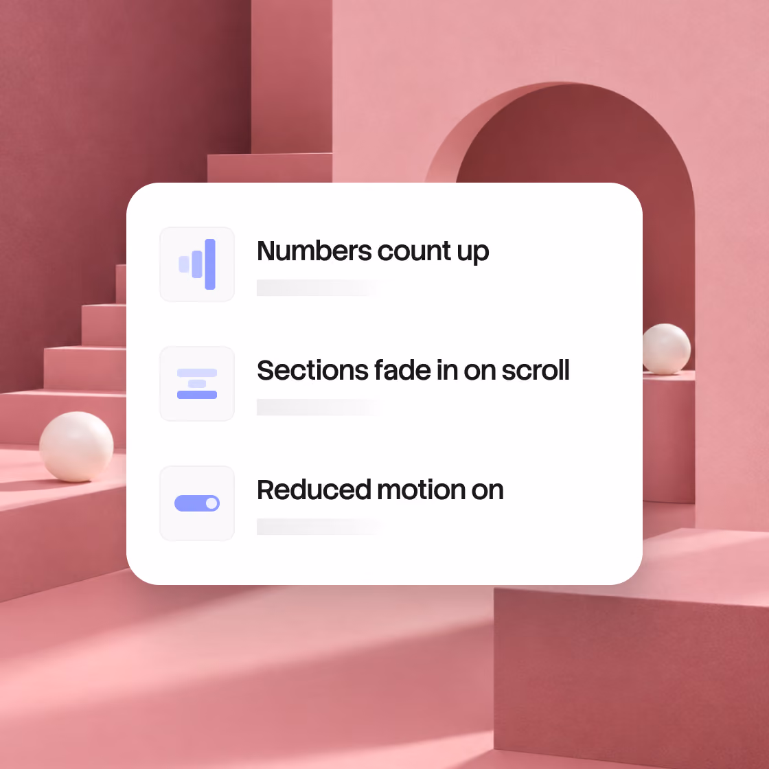 Motion settings: numbers count up, sections fade in on scroll, reduced motion on