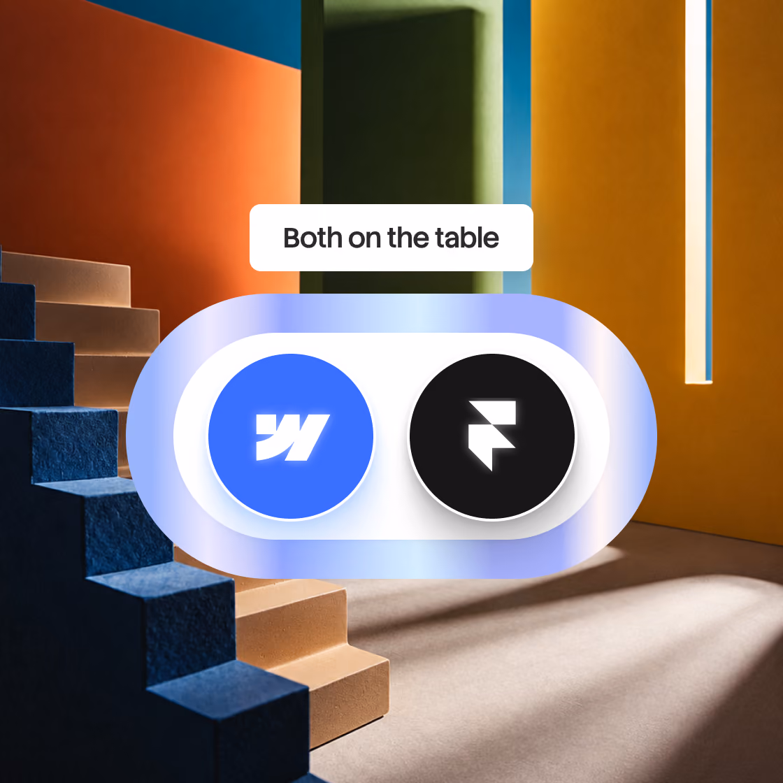 Webflow and Framer logos side by side under the label "Both on the table"