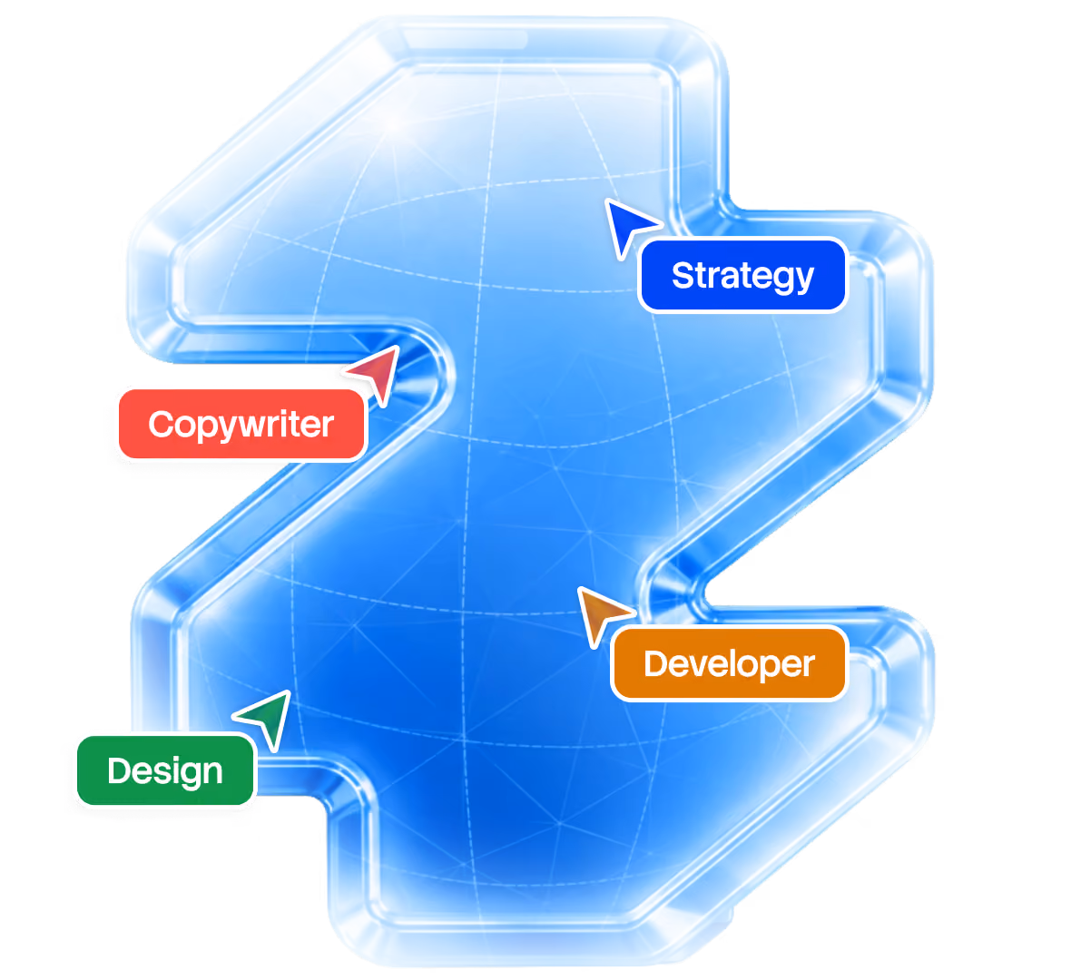 Superpresence glass logo mark with labelled cursors for Strategy, Copywriter, Design and Developer