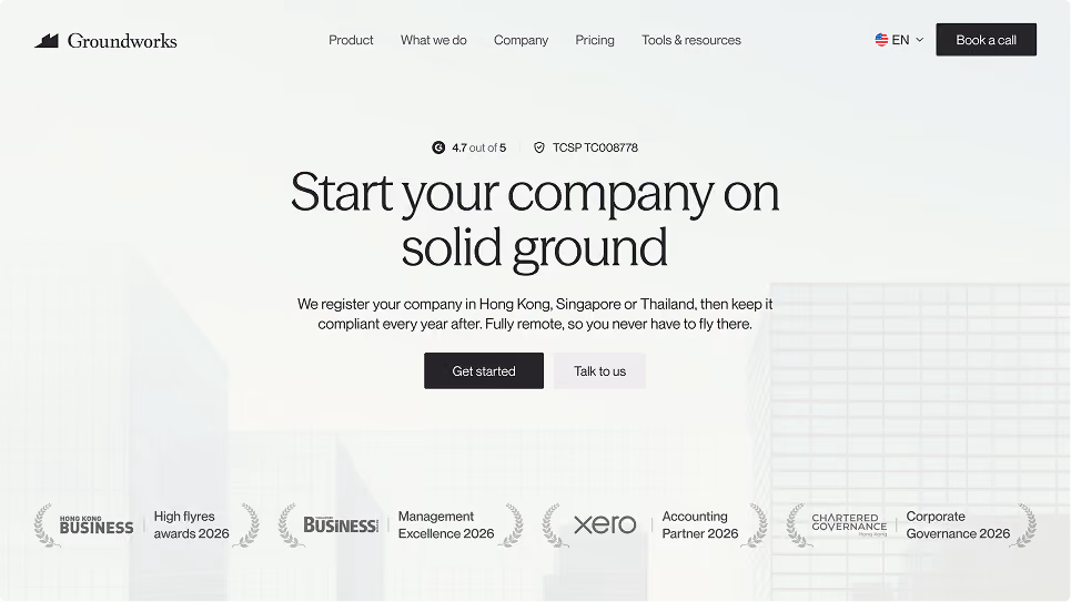 Groundworks site hero 'Start your company on solid ground' with Get started button and award badges