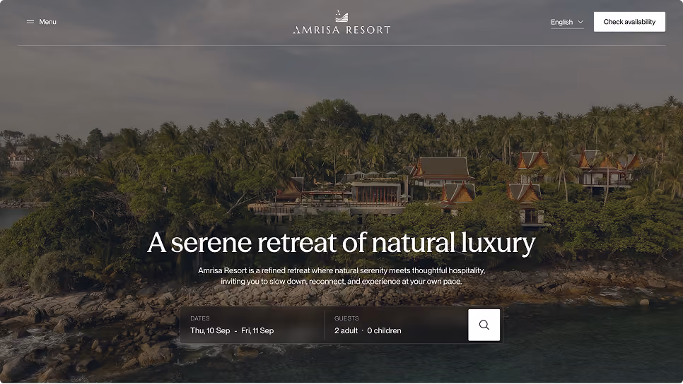 Amrisa Resort hero with tropical villas on a forested coastline, headline 'A serene retreat of natural luxury' and a booking bar