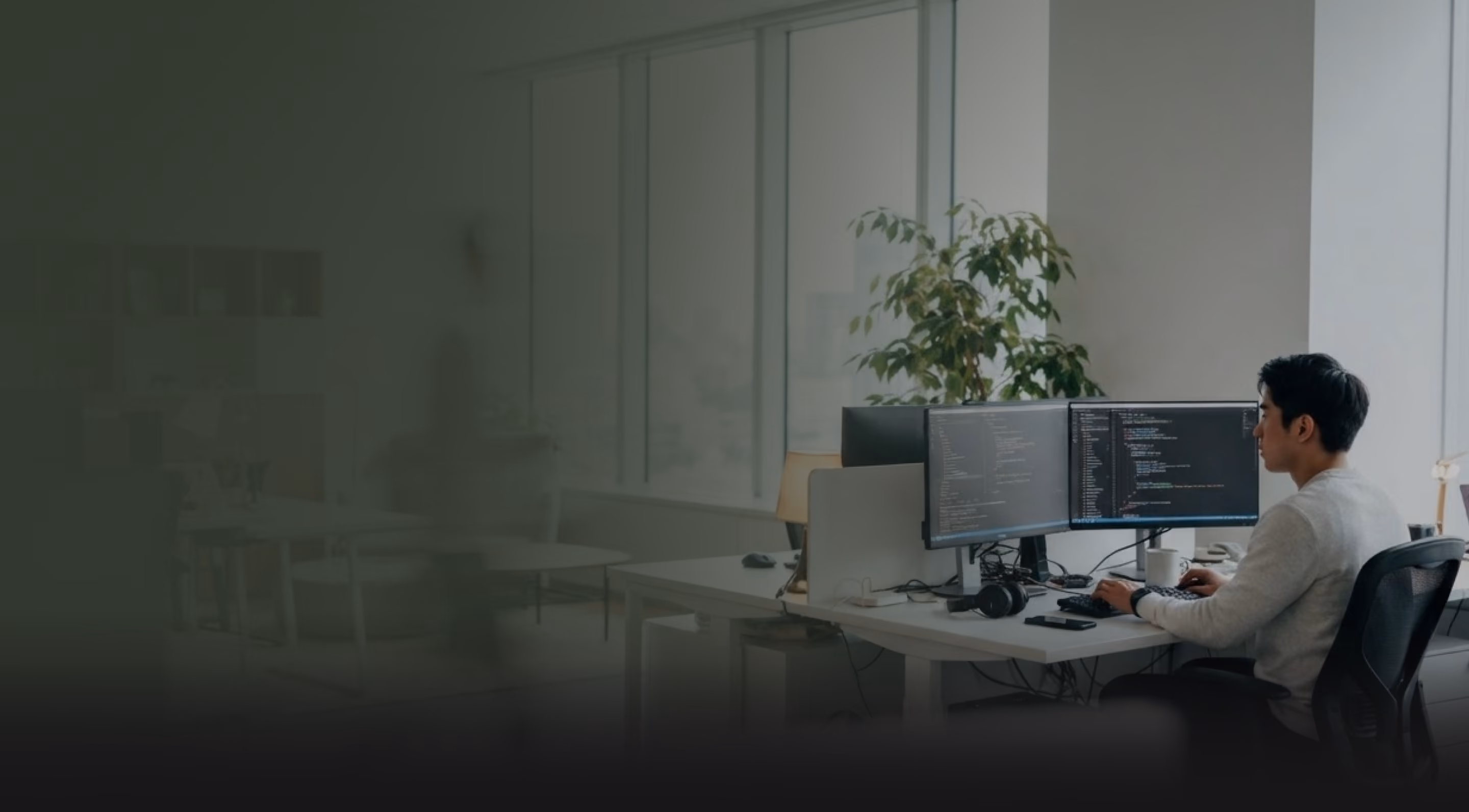 Developer working at a dual-monitor desk in a bright office with a plant by the window
