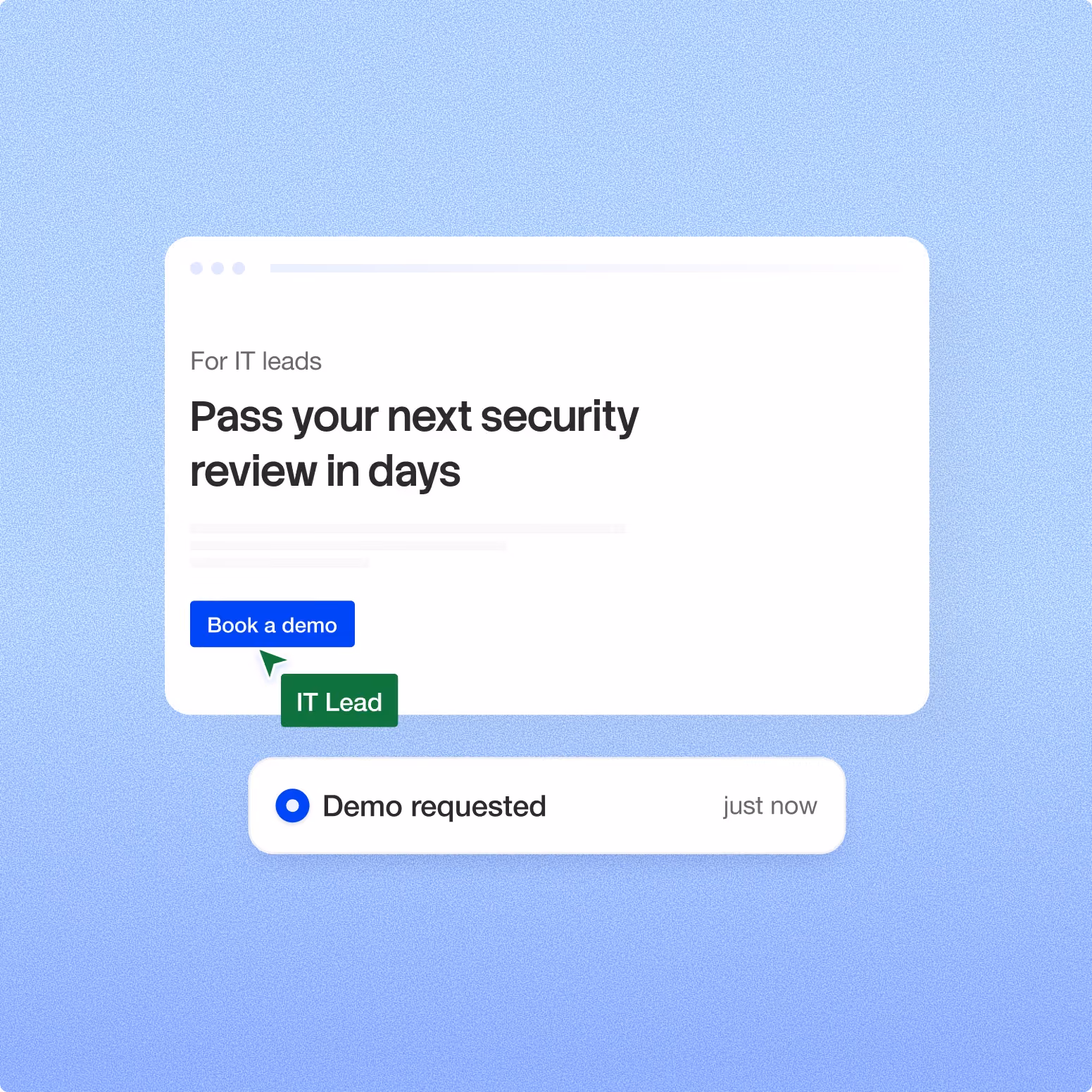 Landing page 'Pass your next security review in days' with a Book a demo button and a Demo requested notification