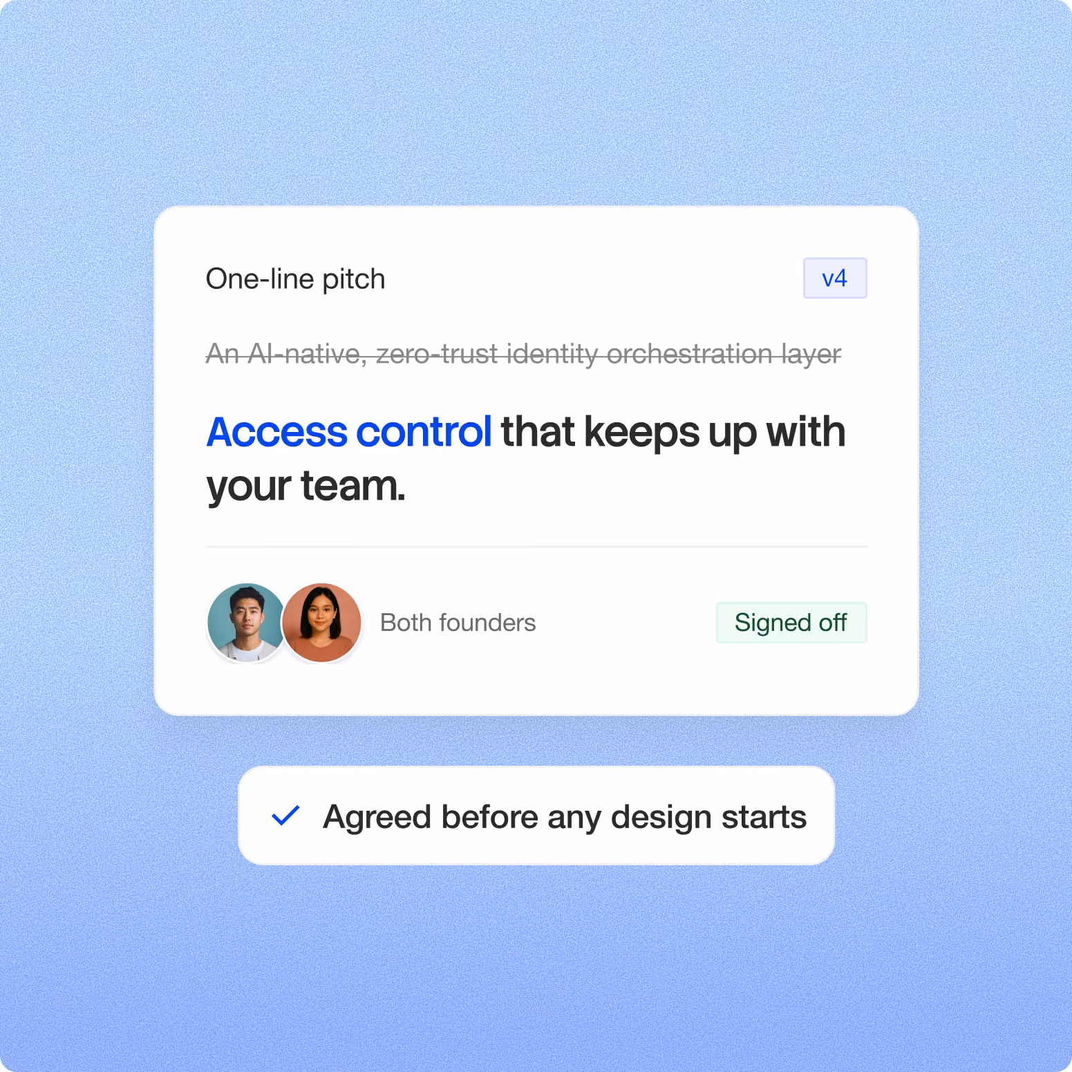 One-line pitch card replacing jargon with 'Access control that keeps up with your team', signed off by both founders