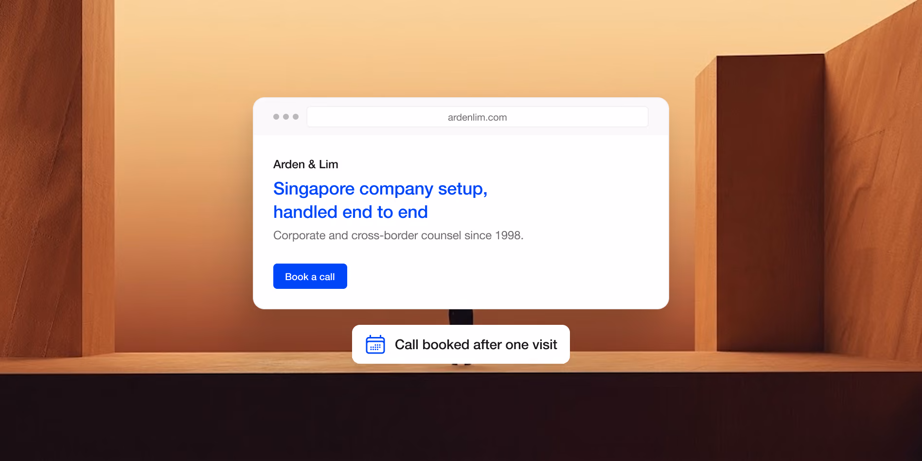 Arden & Lim page 'Singapore company setup, handled end to end' with a Book a call button and a call booked after one visit
