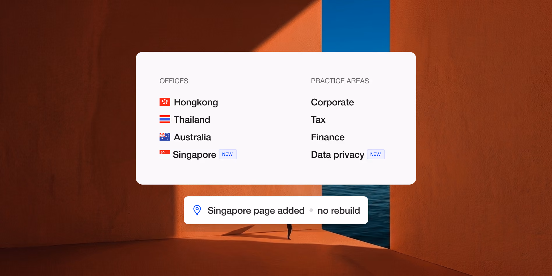 Card listing offices in Hongkong, Thailand, Australia and a new Singapore, beside practice areas, with a note Singapore page added