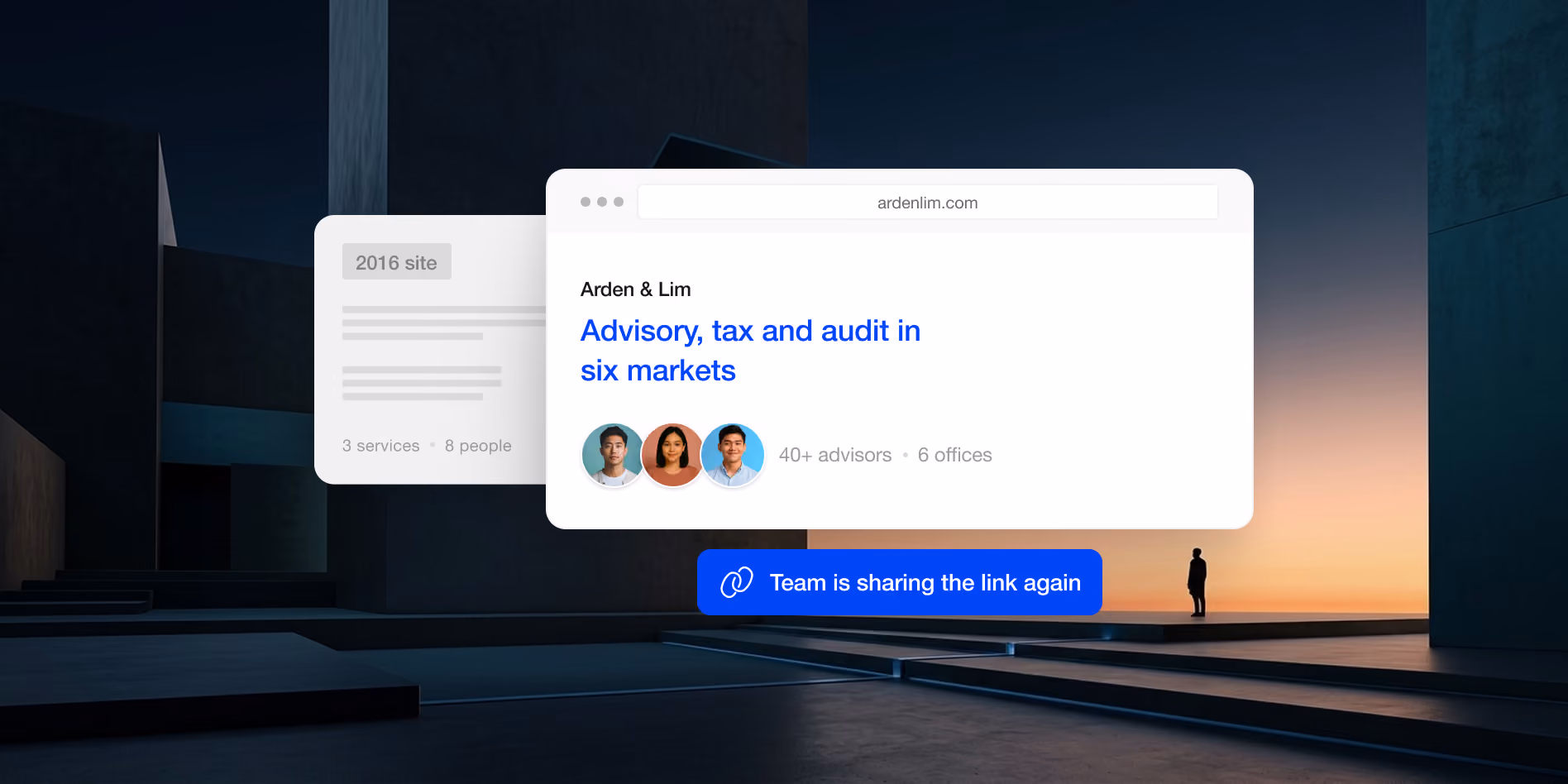 Old 2016 site beside a new Arden & Lim homepage on six markets, with a note the team is sharing the link again