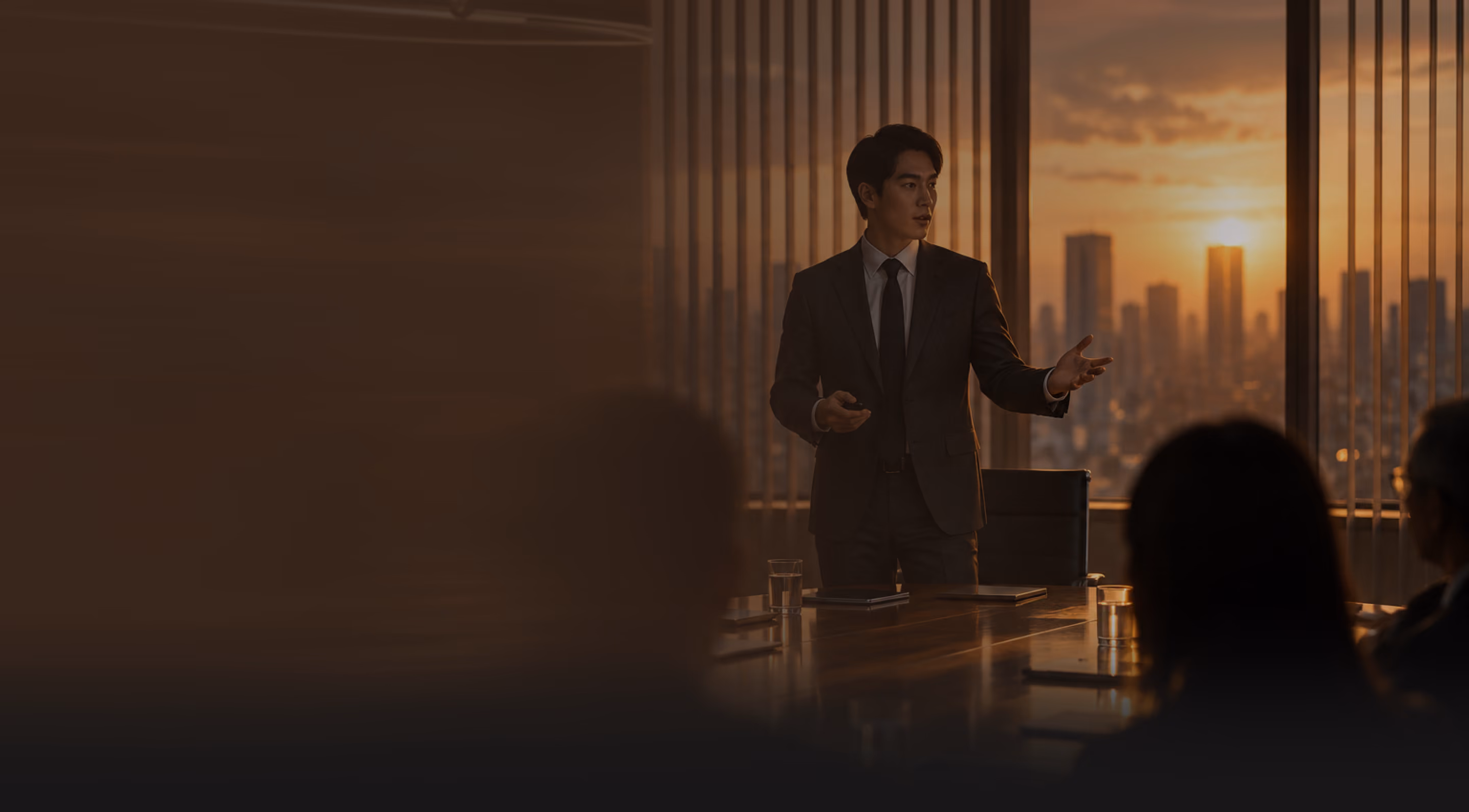 Executive in a dark suit presenting to colleagues in a boardroom with a city skyline at sunset