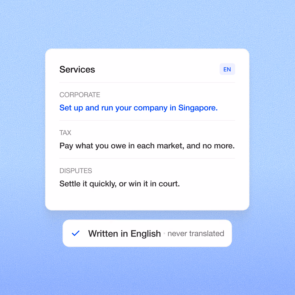Services card listing Corporate, Tax and Disputes lines, with a note that it is written in English, never translated