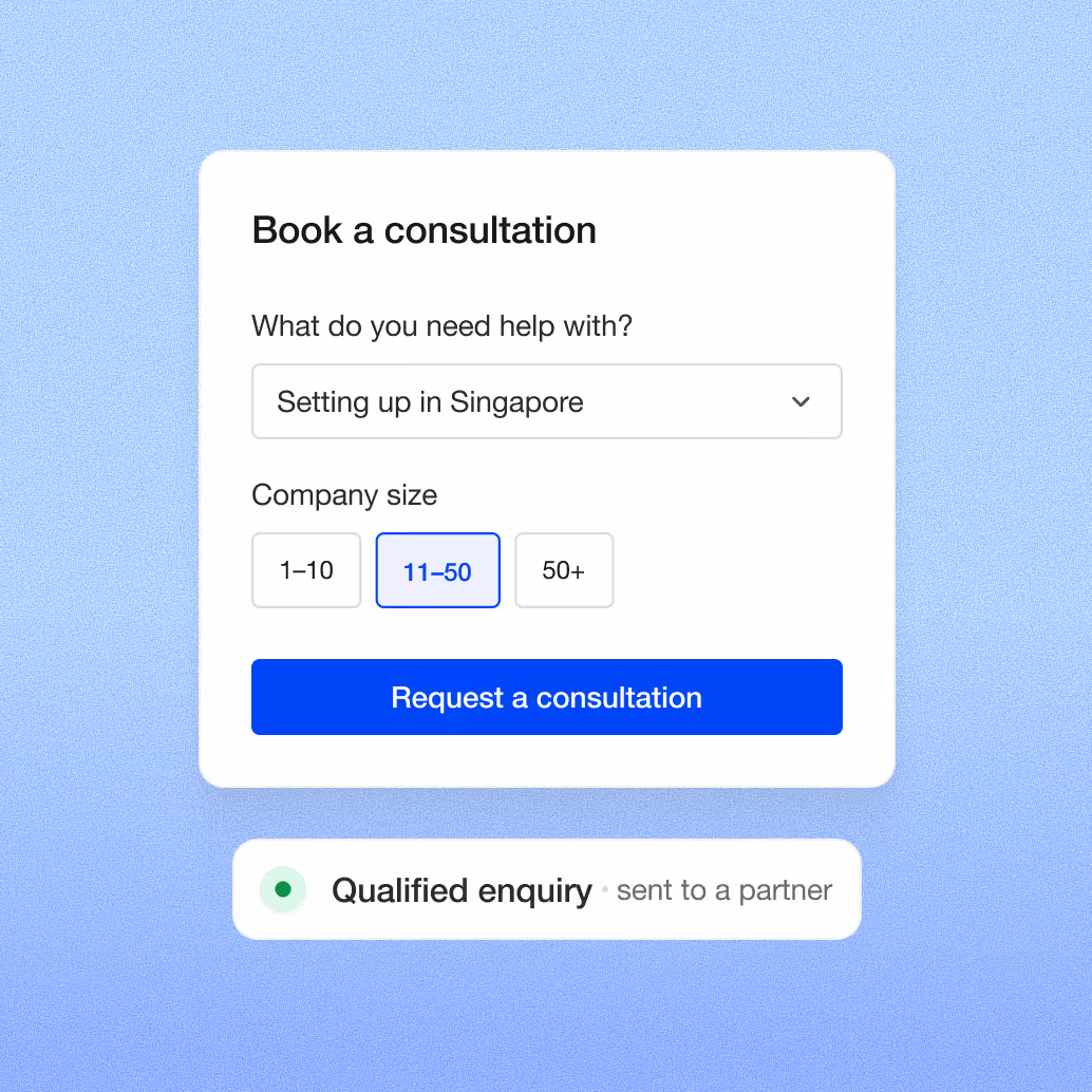 Book a consultation form with a topic dropdown, company size options and a qualified enquiry sent to a partner