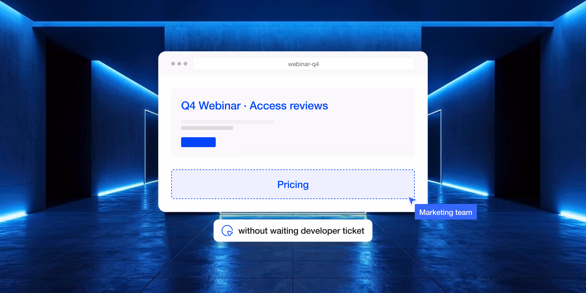 Webinar landing page being edited with a Pricing section by the marketing team, without waiting for a developer ticket