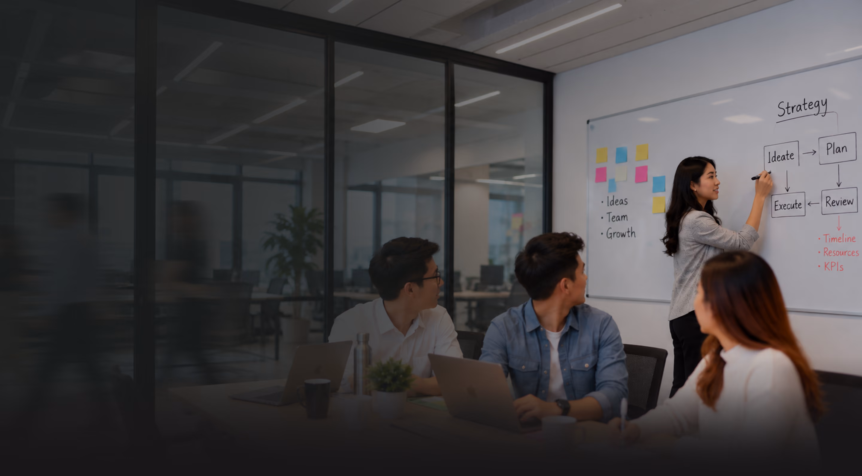 Team brainstorming at a whiteboard with a Strategy flow of Ideate, Plan, Execute and Review