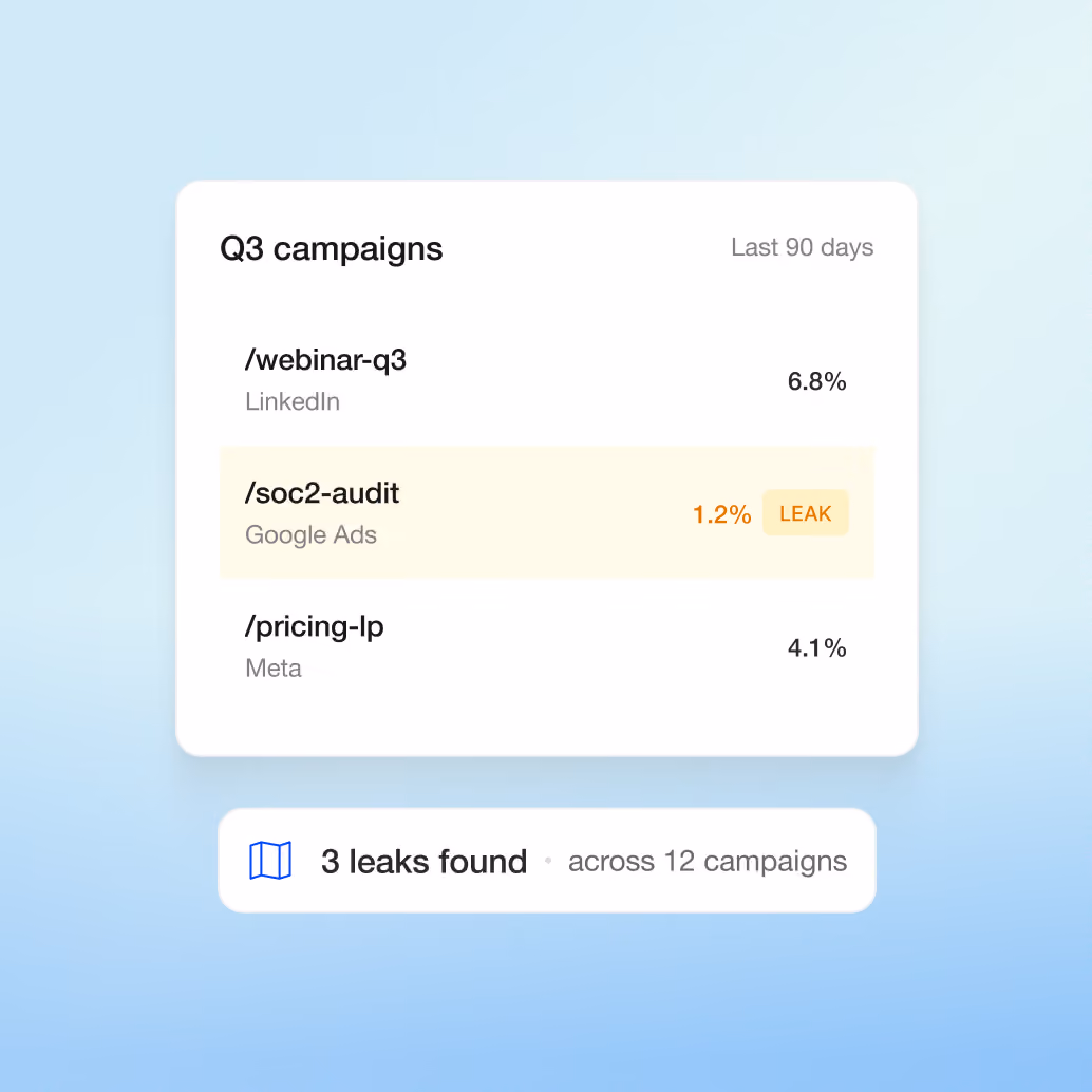 Q3 campaigns table with conversion rates, one flagged as a leak, and a note of 3 leaks found across 12 campaigns