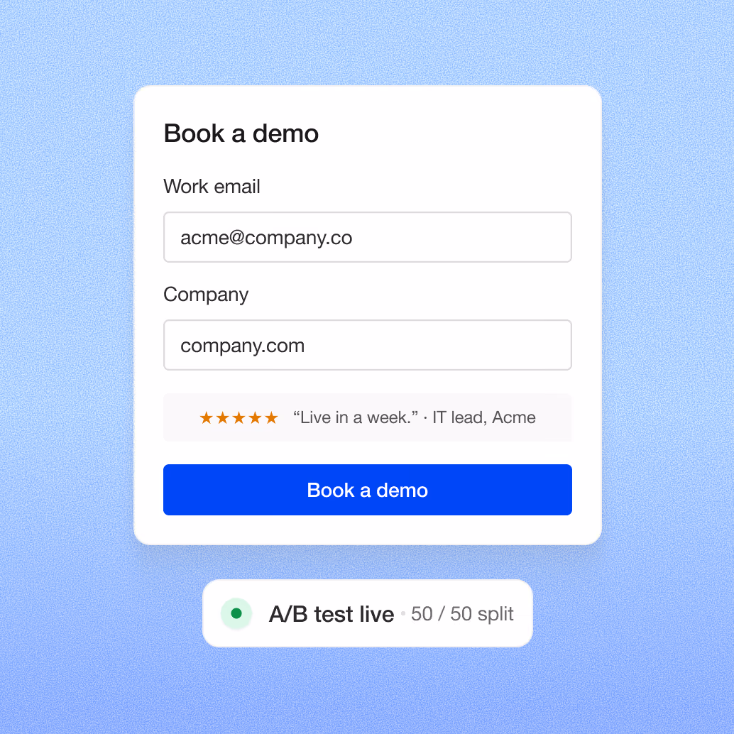 Book a demo form with email and company fields, a five-star quote and an A/B test live 50/50 split