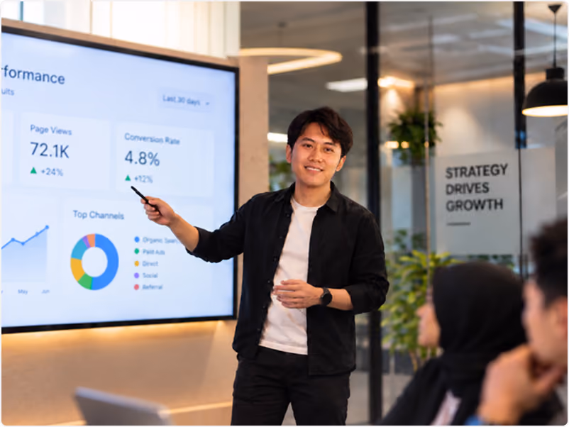 Presenter smiling beside a performance dashboard on a screen, with colleagues watching