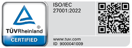 TÜV Rheinland certified — ISO/IEC 27001:2022, certificate ID 9000041009
