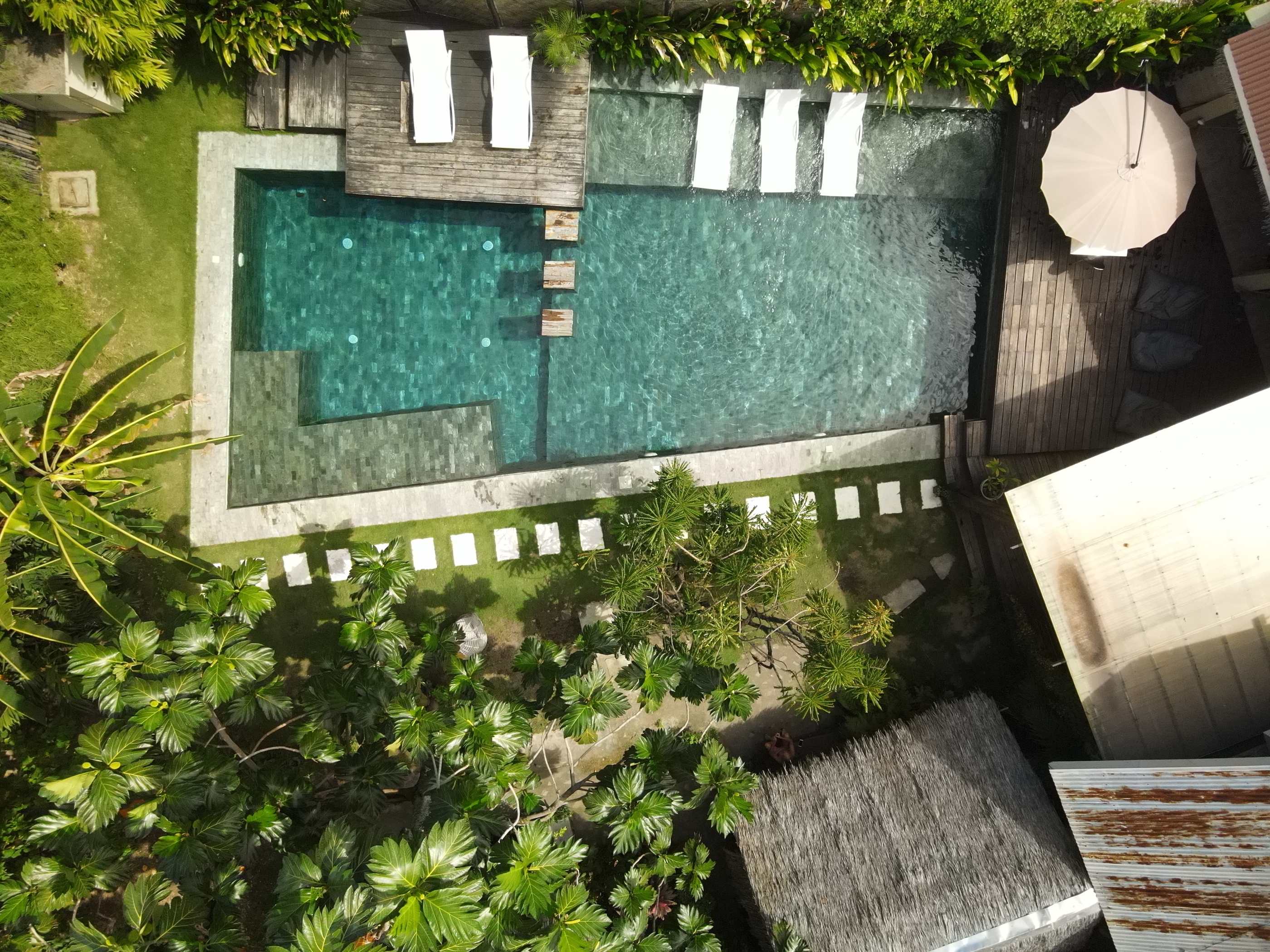 The swimming pool at Bongo Bongo Divers in Dauin, seen from above, where PADI course students practise their skills