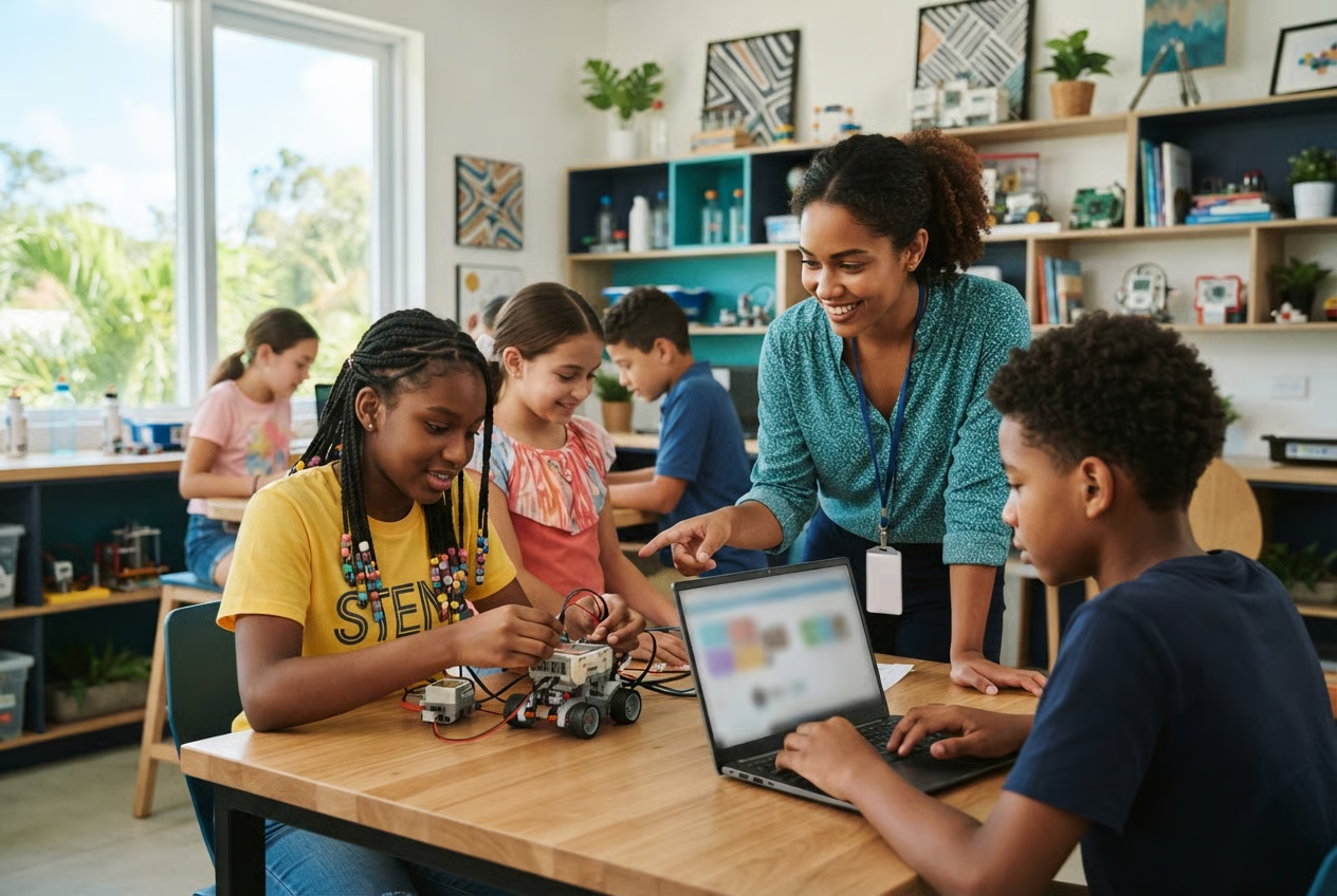 Students and their teacher gathered around a laptop and a robotics kit in a bright classroom
