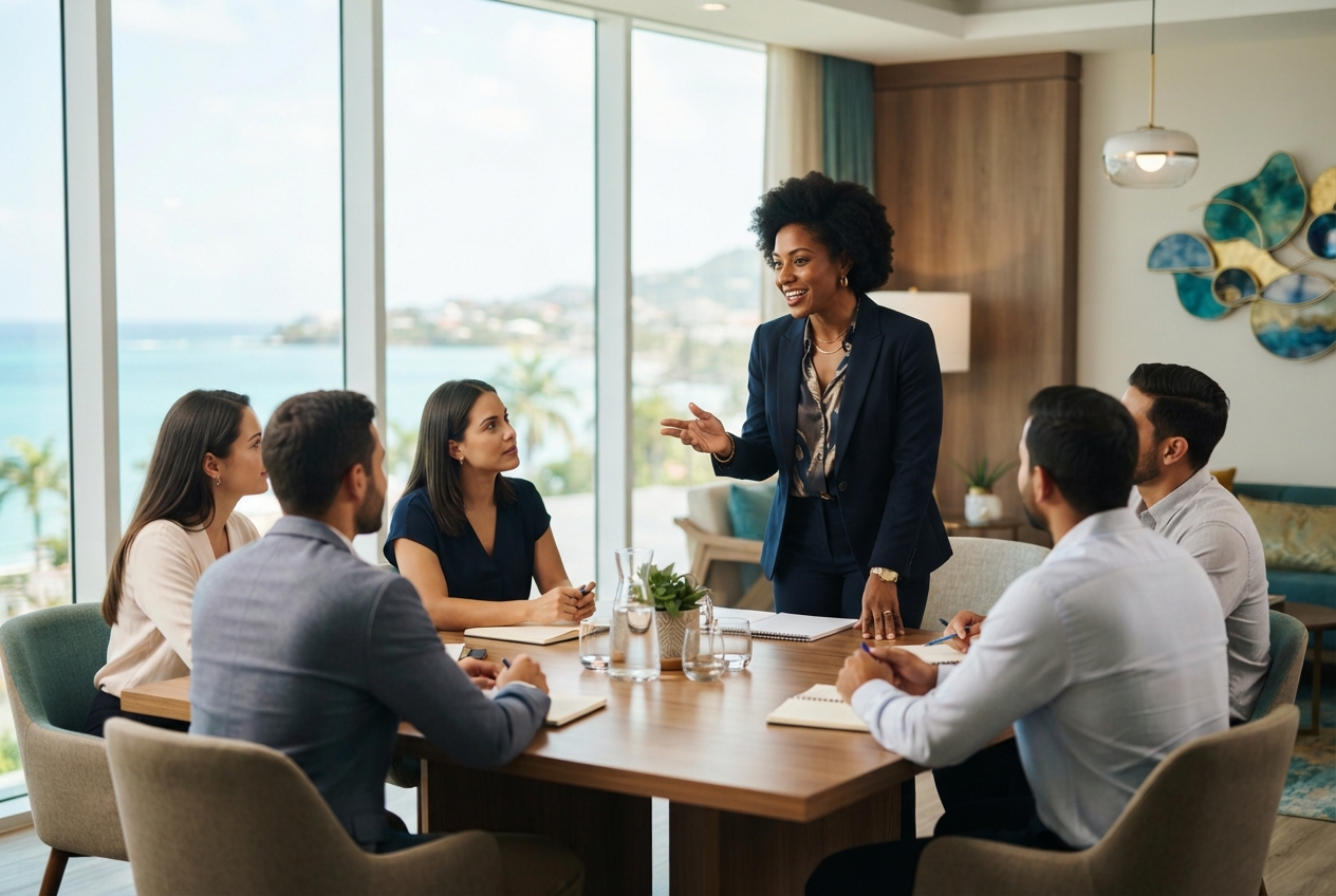 Chekema Hector leading a Caribbean strategy meeting around a boardroom table