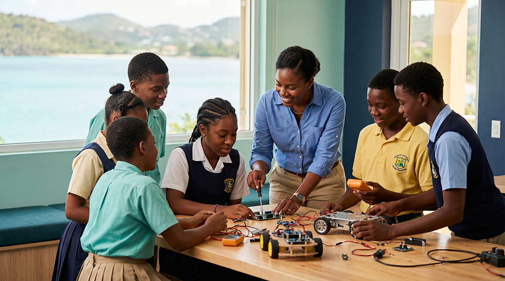 Students taking part in a hands-on STEM robotics activity