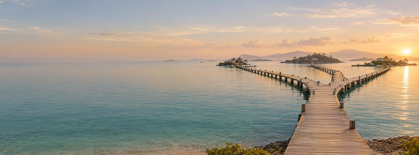 Wooden pier stretching across calm Caribbean water at sunset