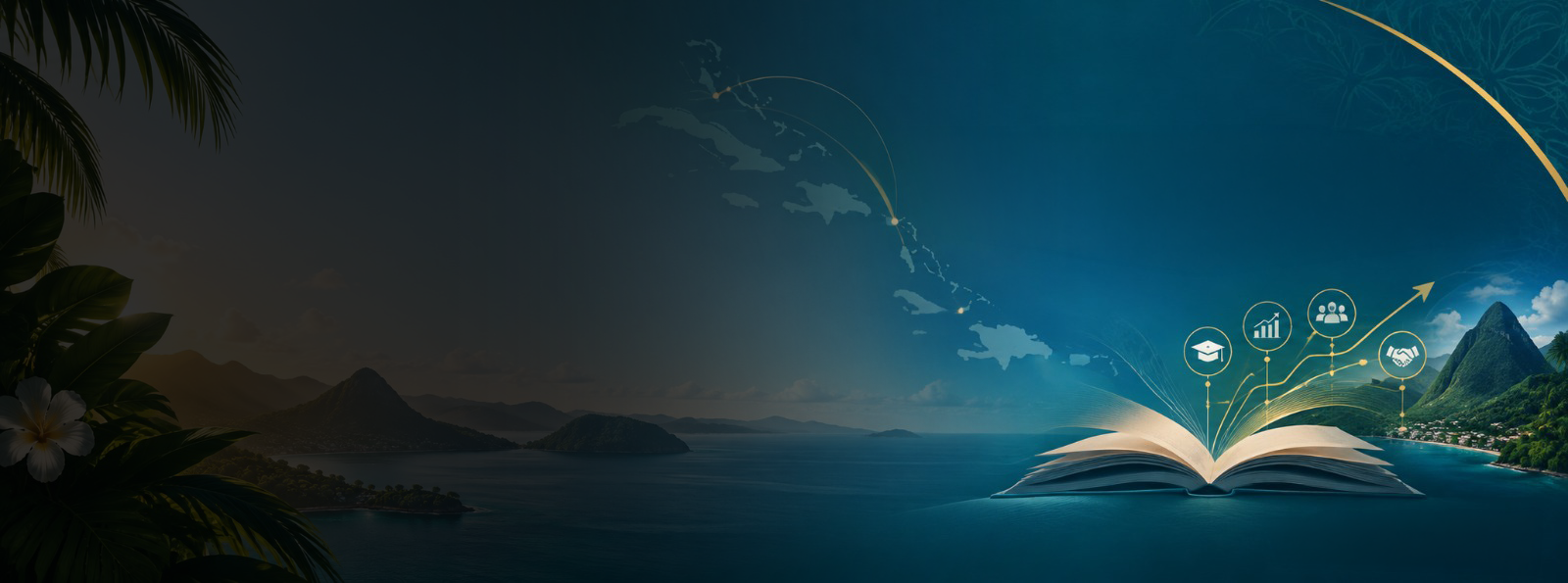 Caribbean seascape at dusk with an open book and rising icons for education, growth and partnership