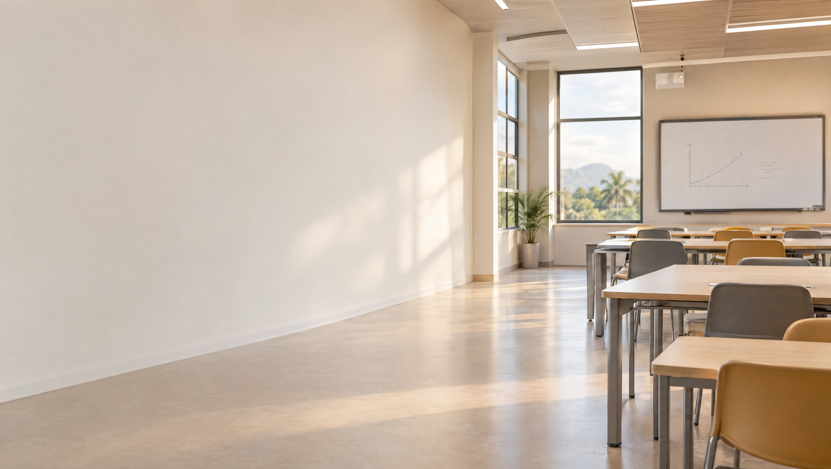 An empty, sunlit classroom with tables and chairs, a whiteboard, and palm trees and hills visible through the window