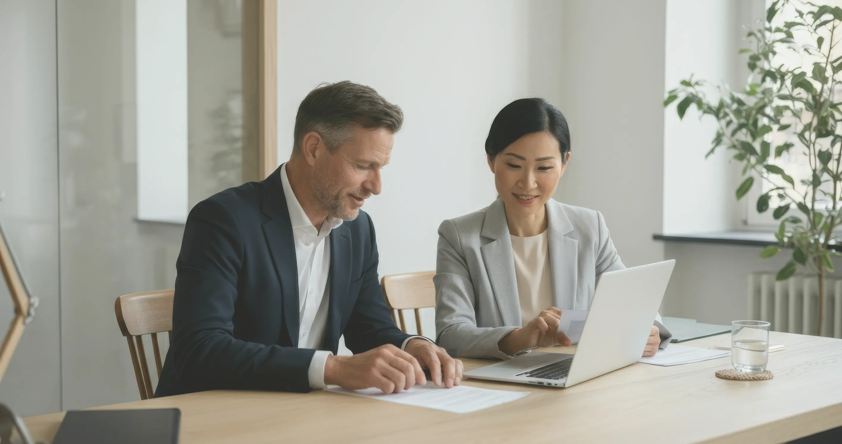 Two finance colleagues reviewing reports together at a laptop