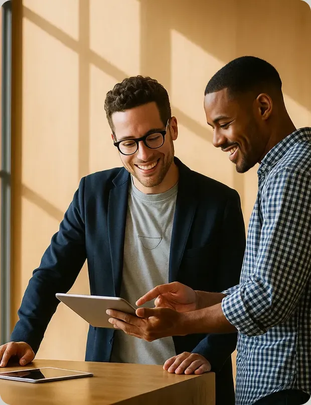 Two colleagues reviewing finance data on a tablet