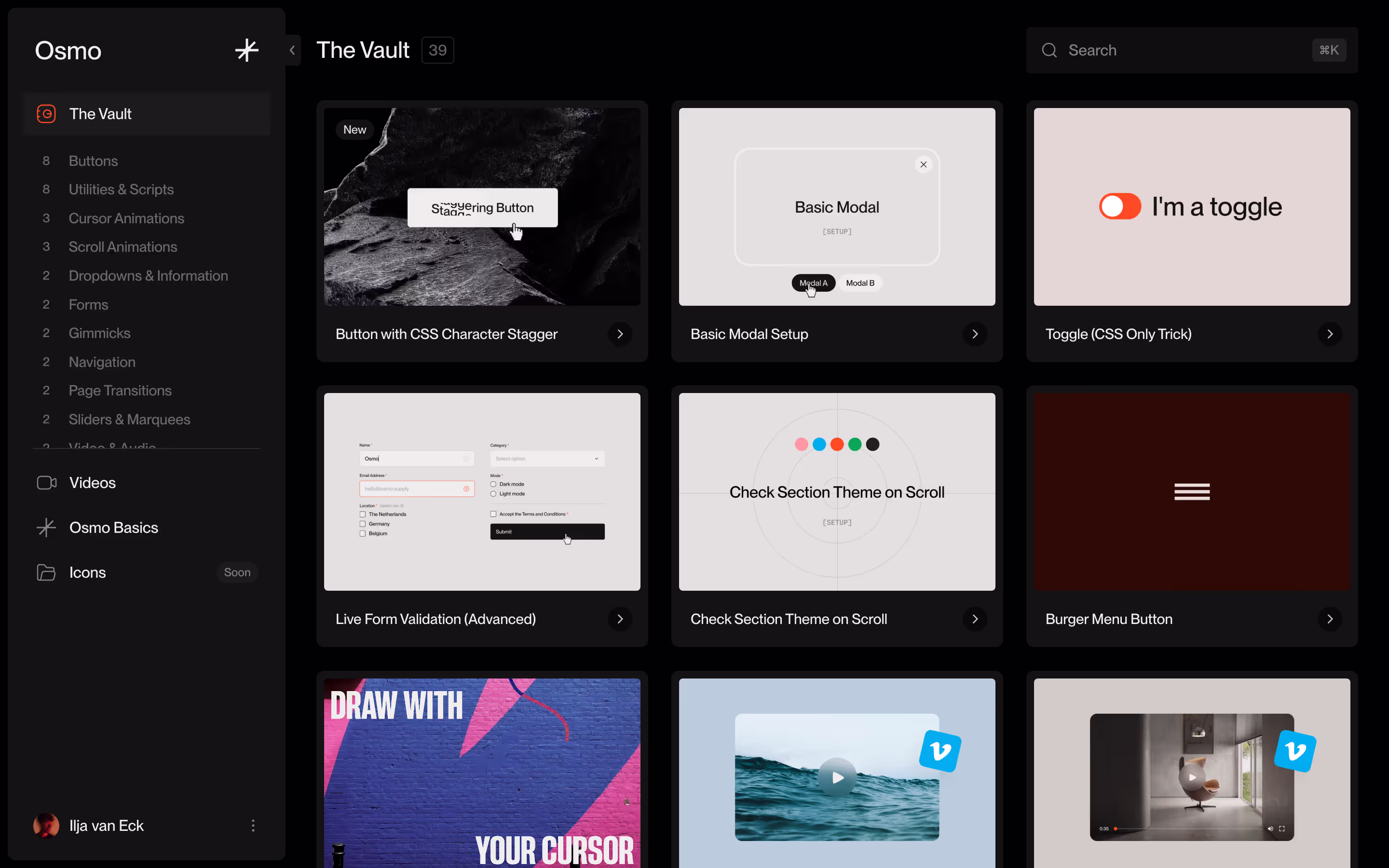 Interface of Osmo's Vault showing a list of UI elements and scripts on the left sidebar and nine preview tiles on the right, including buttons, modals, toggles, form validation, section theme on scroll, burger menu, and video thumbnails.