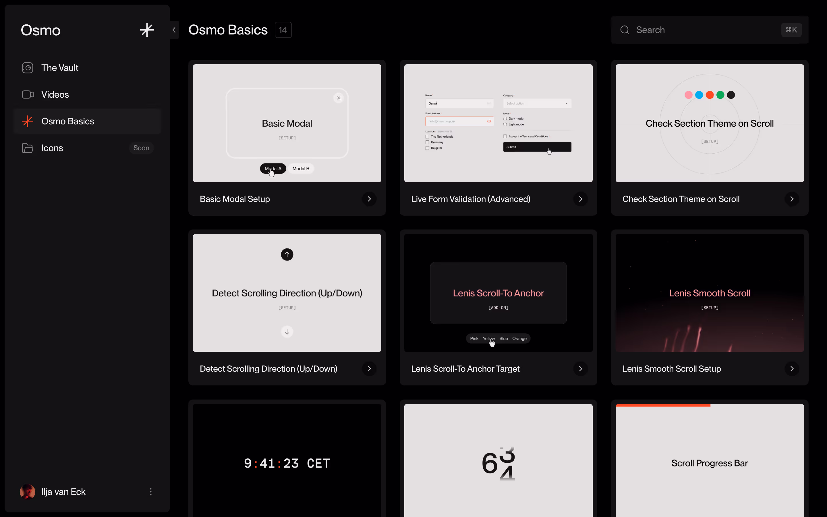 Screenshot of a dark-themed user interface titled Osmo Basics showing a grid of nine tutorial cards with titles like Basic Modal Setup, Live Form Validation, Check Section Theme on Scroll, Detect Scrolling Direction, Lenis Scroll-To Anchor Target, Lenis Smooth Scroll Setup, and Scroll Progress Bar, along with a sidebar menu listing The Vault, Videos, Osmo Basics, and Icons sections.