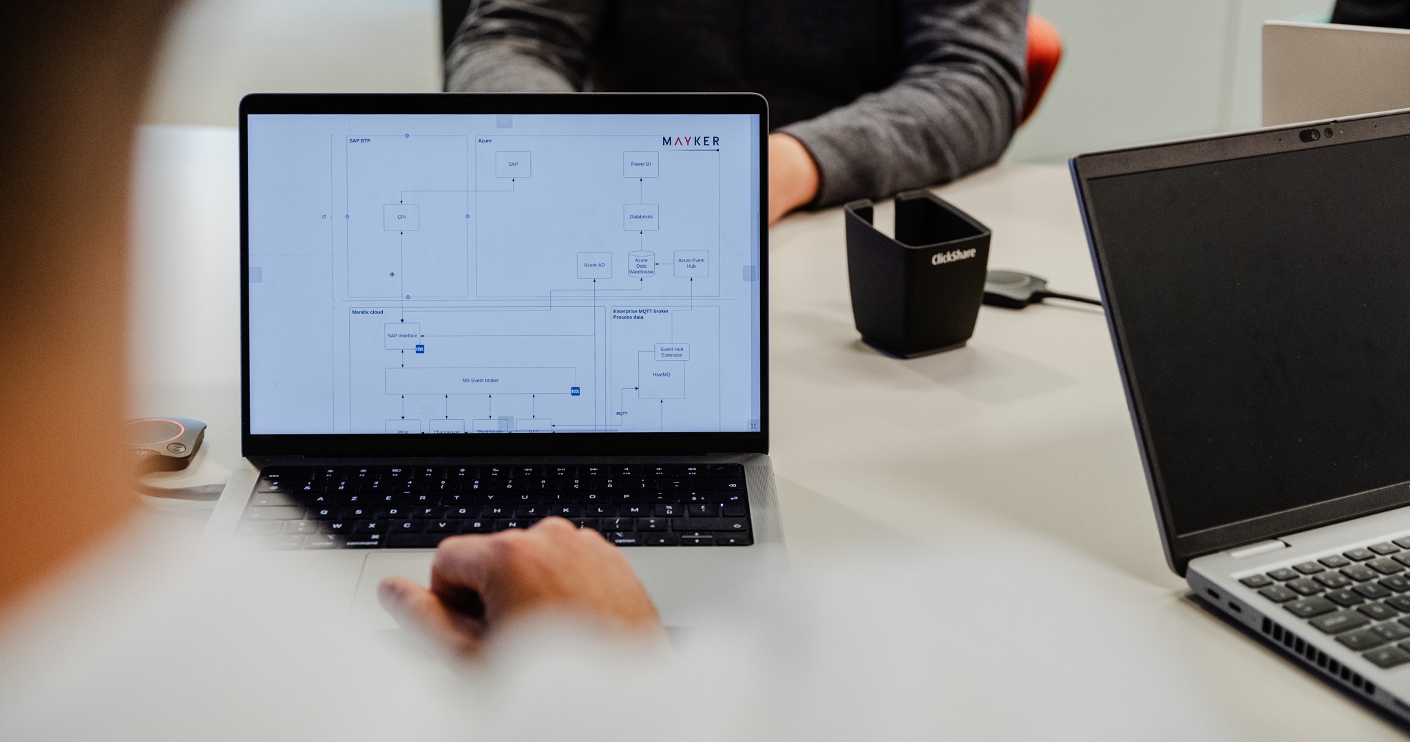 Laptop showing a Mayker data architecture diagram with SAP, Azure and Mendix components during a working session.