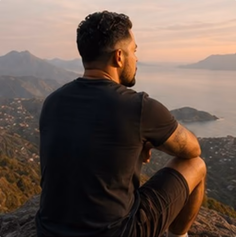 Lahssen El Moutaki, fondateur de NOMAD minimalist, contemplant un paysage de montagnes et de mer au coucher du soleil
