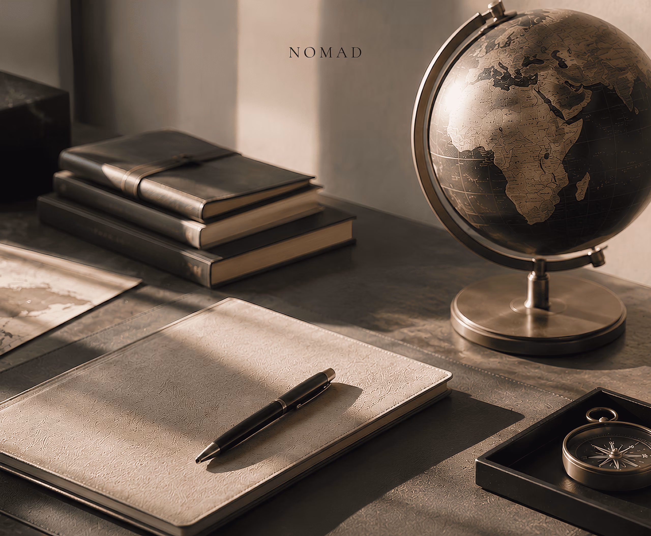 Bureau de voyage avec globe terrestre, carnets en cuir et boussole