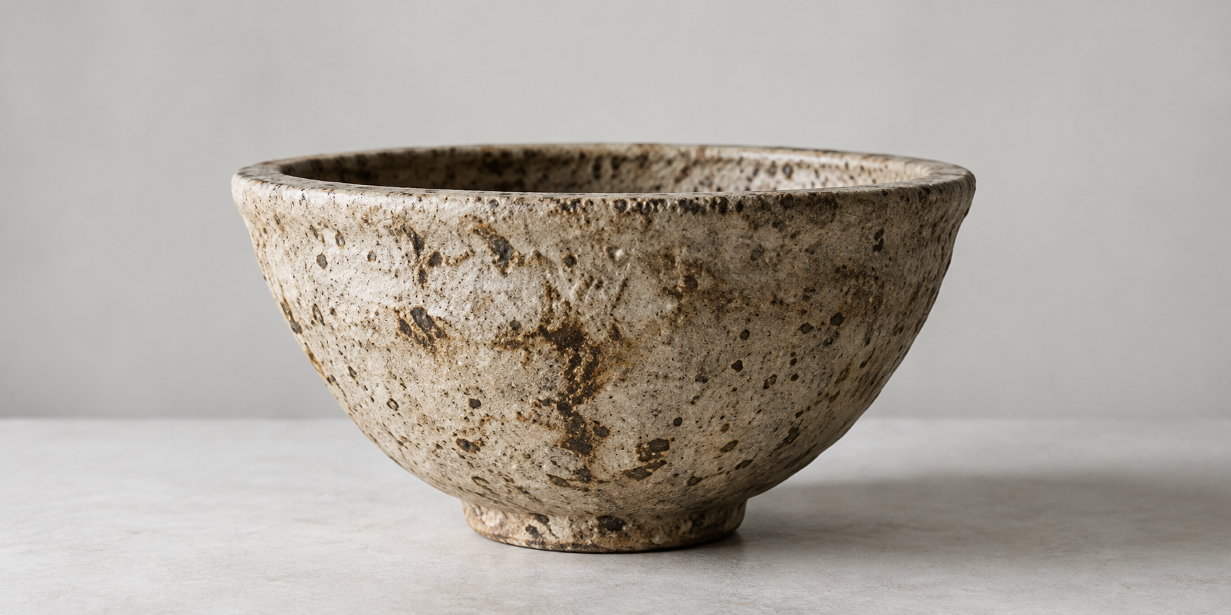 Speckled ceramic bowl photographed against a warm neutral background