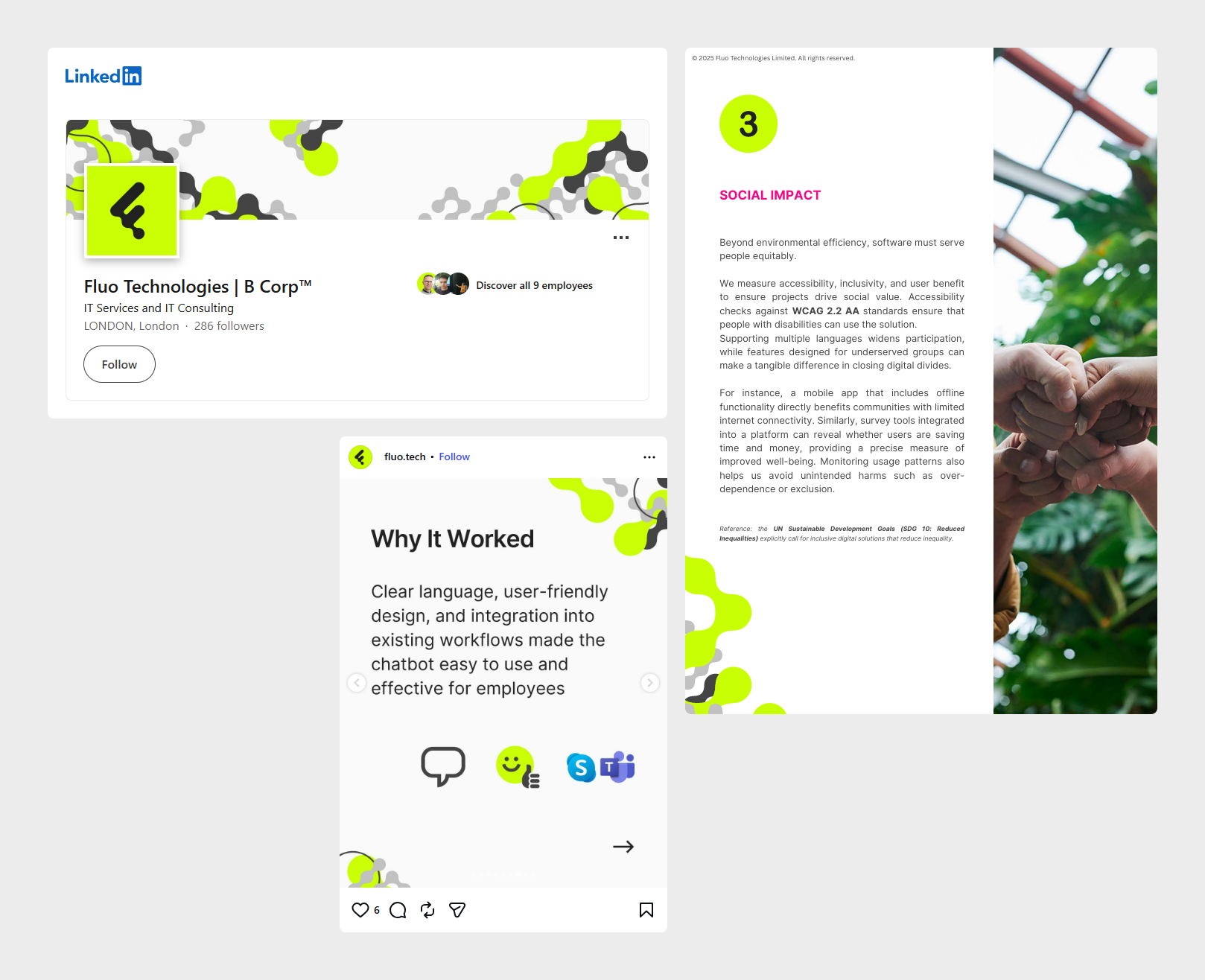 Three examples of Fluo’s dot-pattern brand asset in use: a LinkedIn company banner and logo, an Instagram carousel slide, and a printed report page, each bordered with the scattered grey and lime metaball motif.