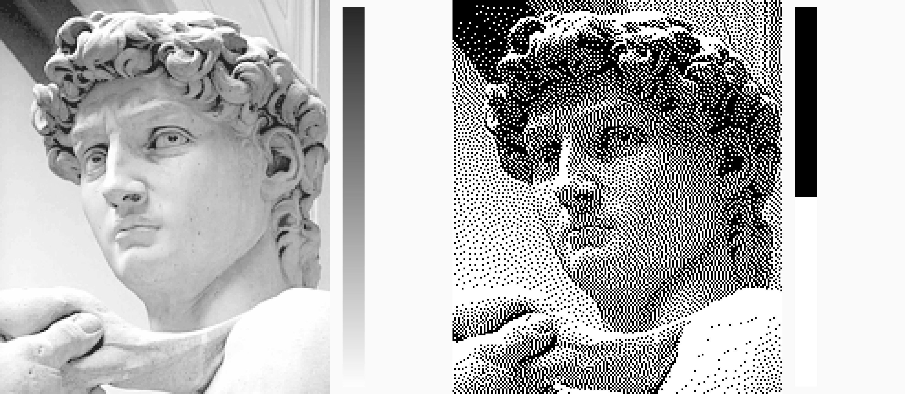 Two-panel comparison of Michelangelo’s David: a greyscale photo with a full tonal gradient alongside a dithered black-and-white version, where scattered dots simulate shading using only two colours.