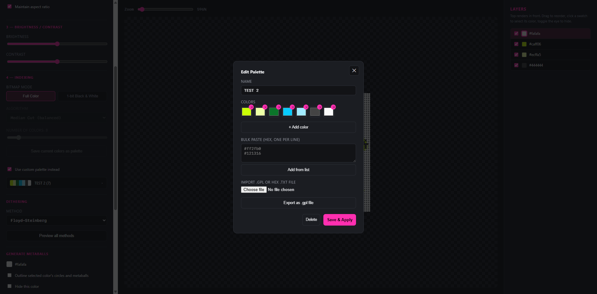 Screenshot of the Pixel Circles Studio tool’s ‘Edit Palette’ dialog, showing a custom colour swatch set, hex bulk-paste input, and file import options, with the layers panel listing four colours on the right.