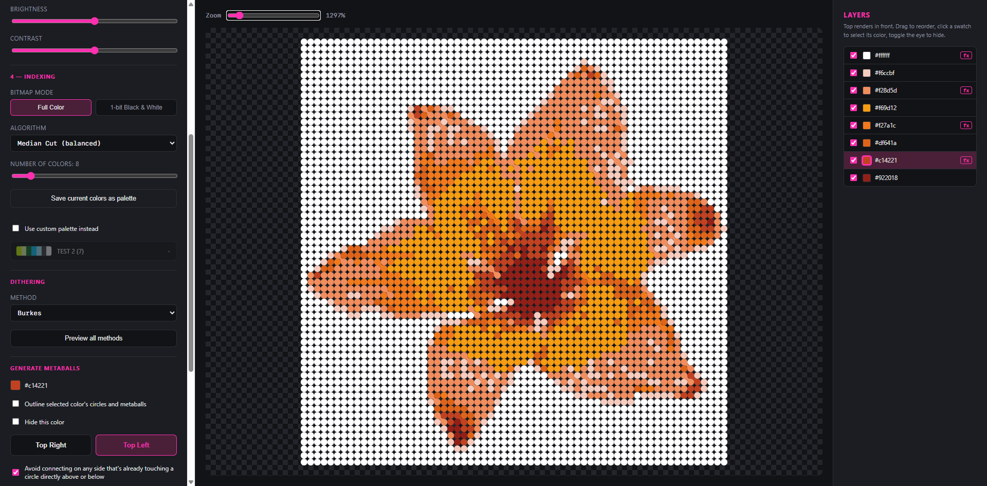 Screenshot of the Pixel Circles Studio tool showing a lily indexed to eight colours and rendered as dot circles, with the layers panel on the right listing each colour swatch individually.