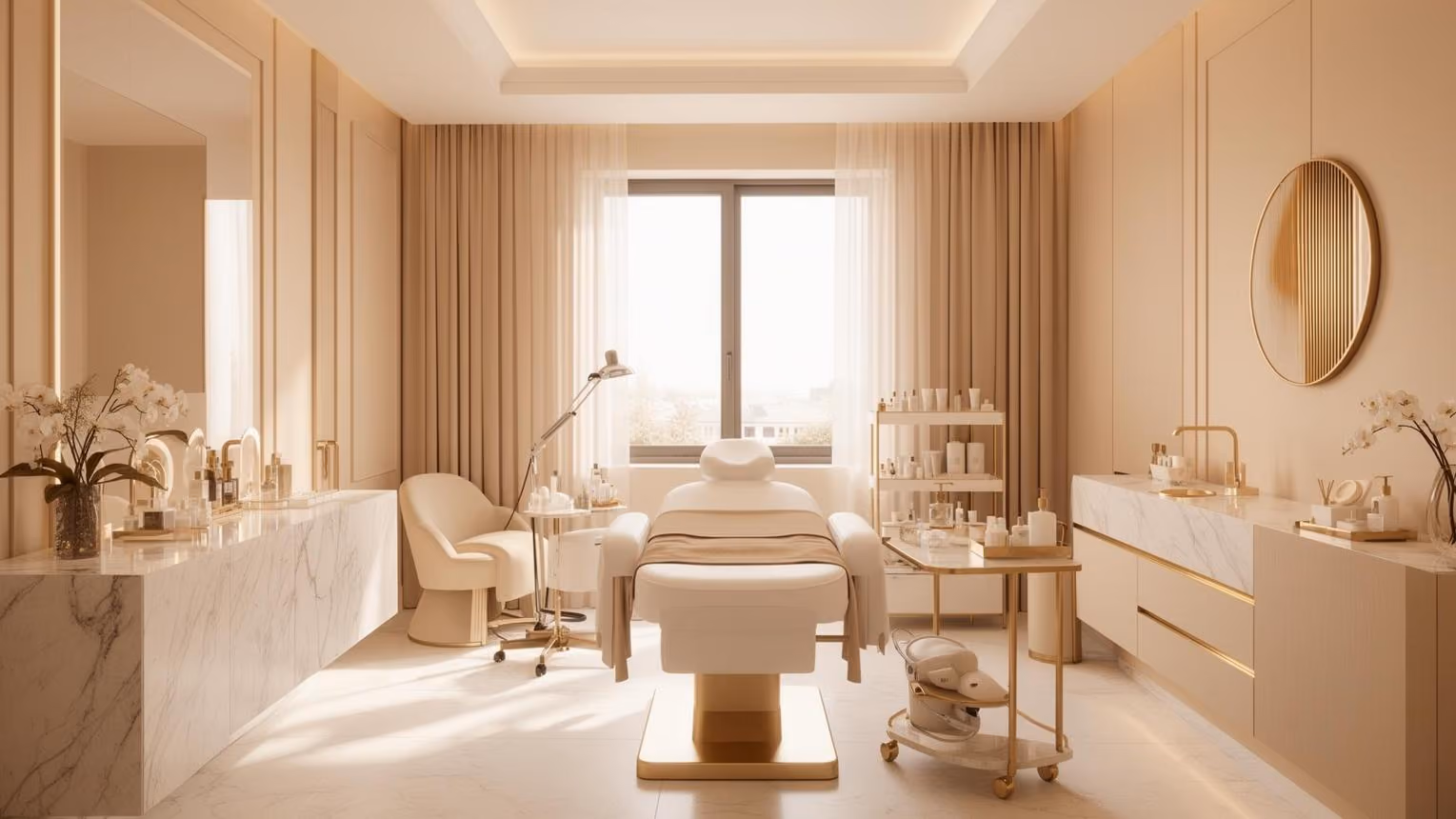 Bright, modern aesthetic treatment room with a treatment chair and skincare equipment