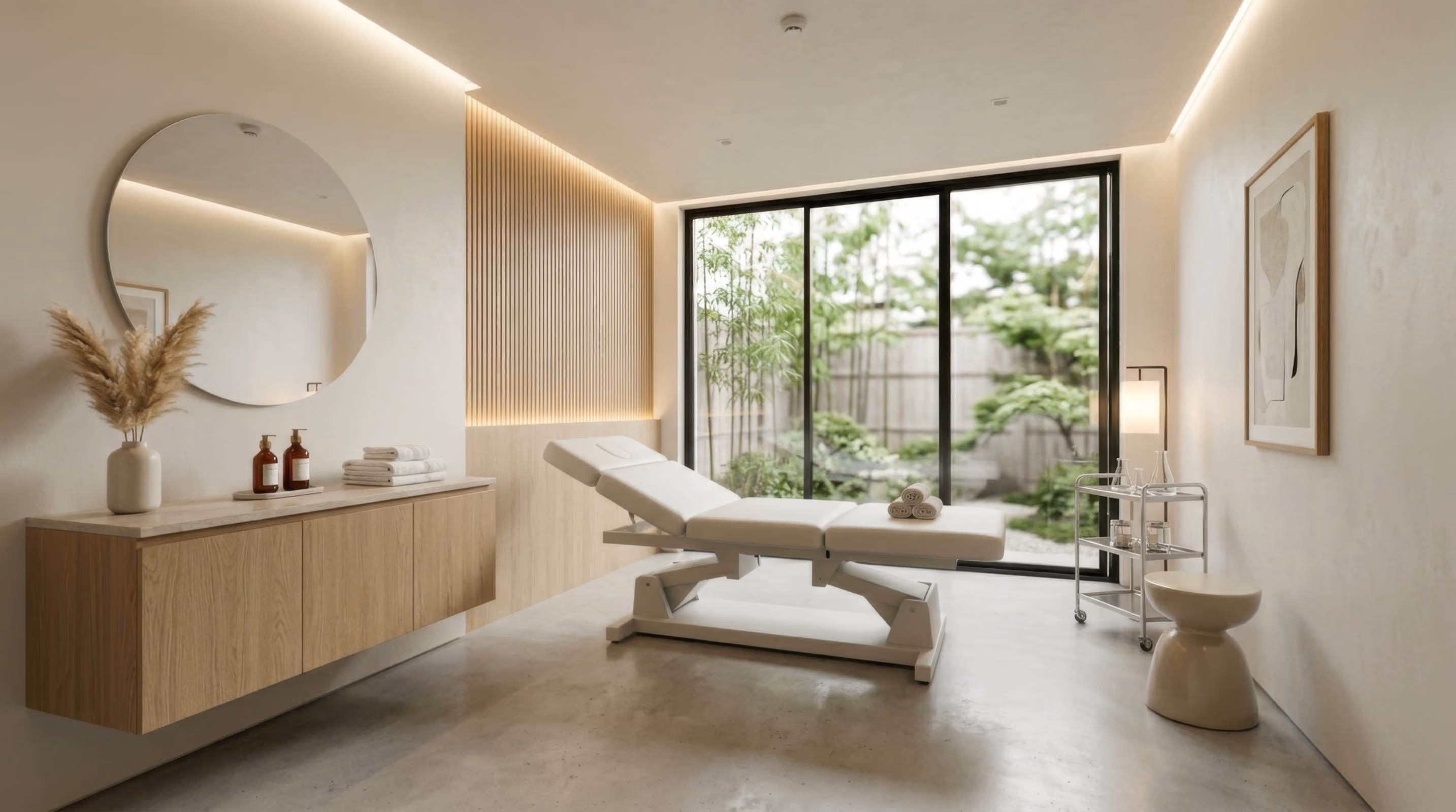 Minimalist spa or therapy room with a reclining white treatment table, wooden floating cabinet topped with dried pampas grass and bottles, large round mirror, soft lighting, concrete floor, and large sliding glass doors showing a green garden outside.