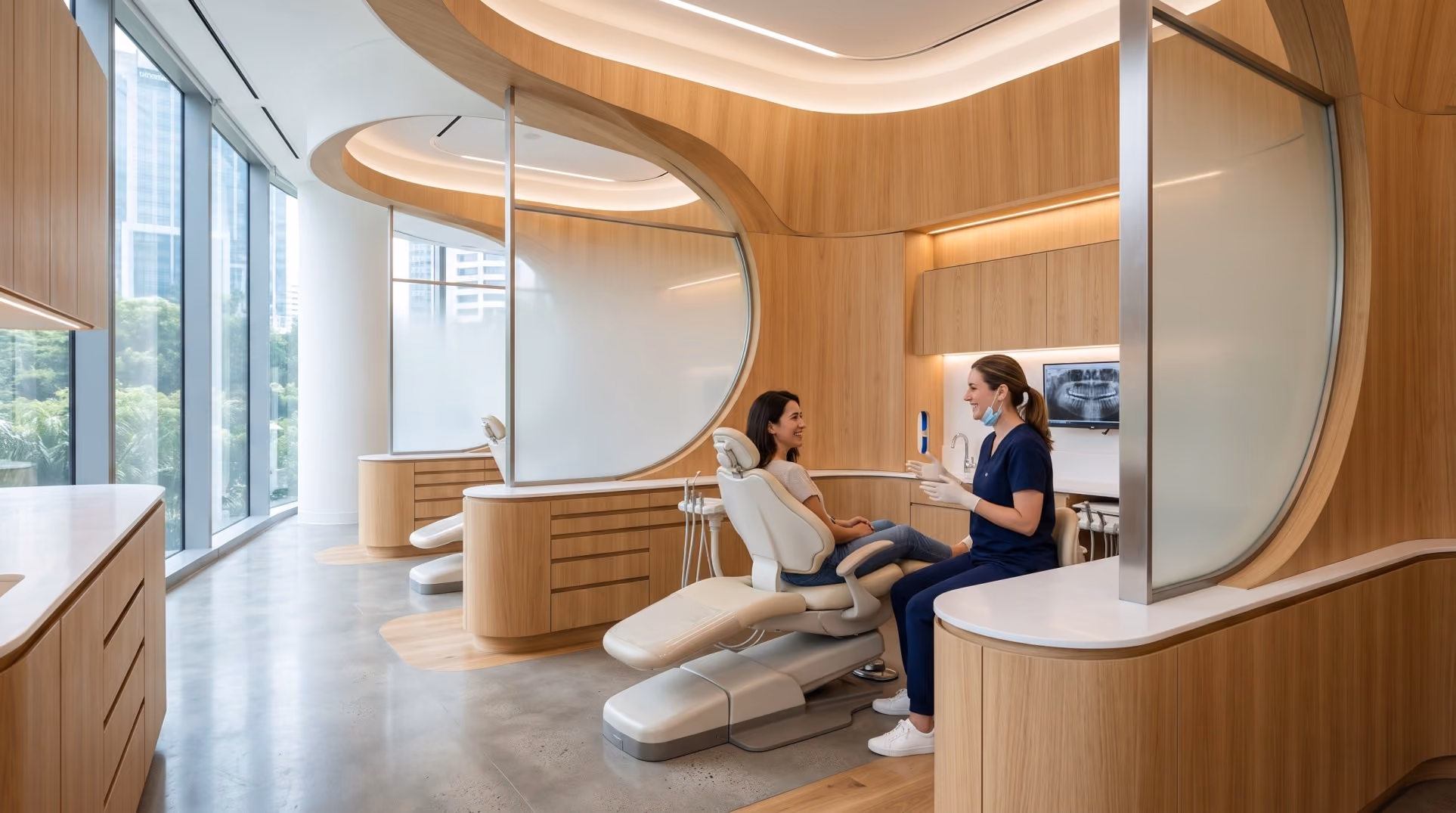 Modern dental clinic interior with wooden-panel partitions and large windows; a female dentist wearing navy scrubs and a face mask is holding a dental instrument while talking to a seated female patient in the dental chair.