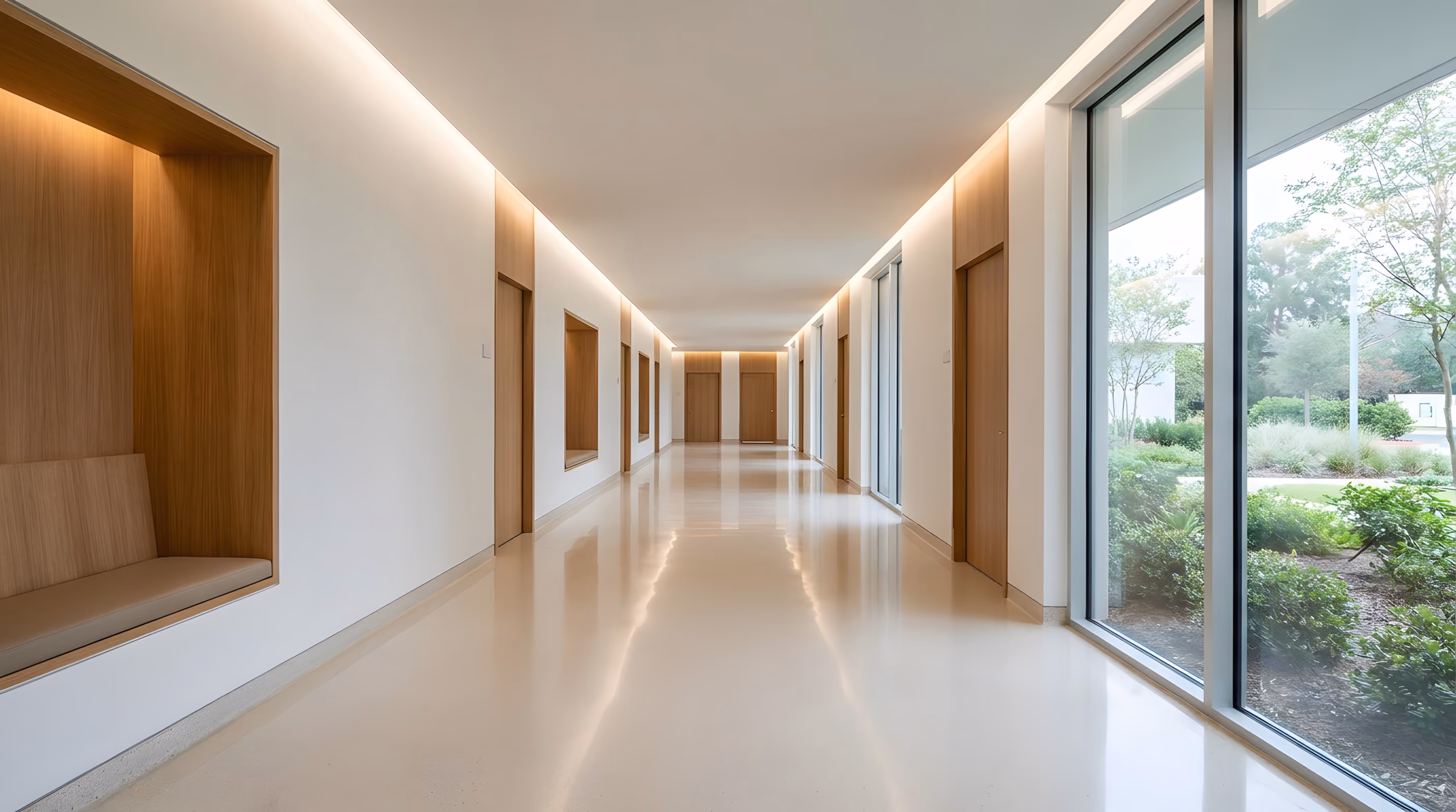 Long, modern hallway with glossy light floor, wood recessed seating and doorways on the left wall, large windows showing greenery on the right, and ceiling strip lighting.