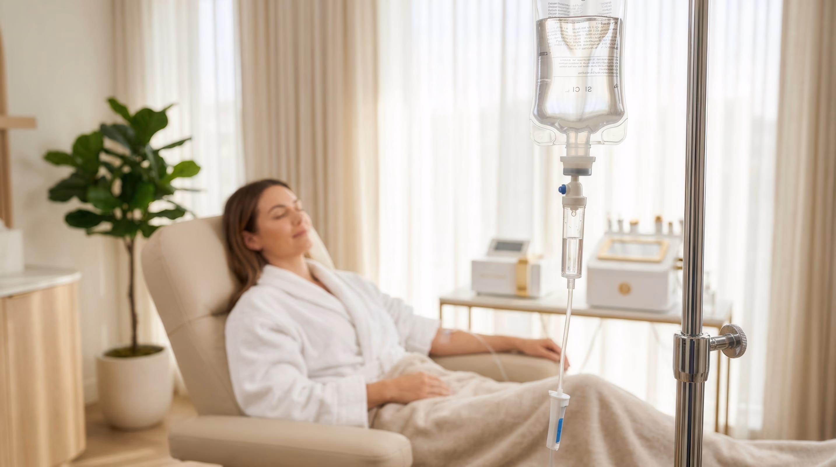 Woman in a white robe sitting comfortably in a recliner receiving intravenous drip therapy in a bright, softly lit room with beige curtains and a potted plant.