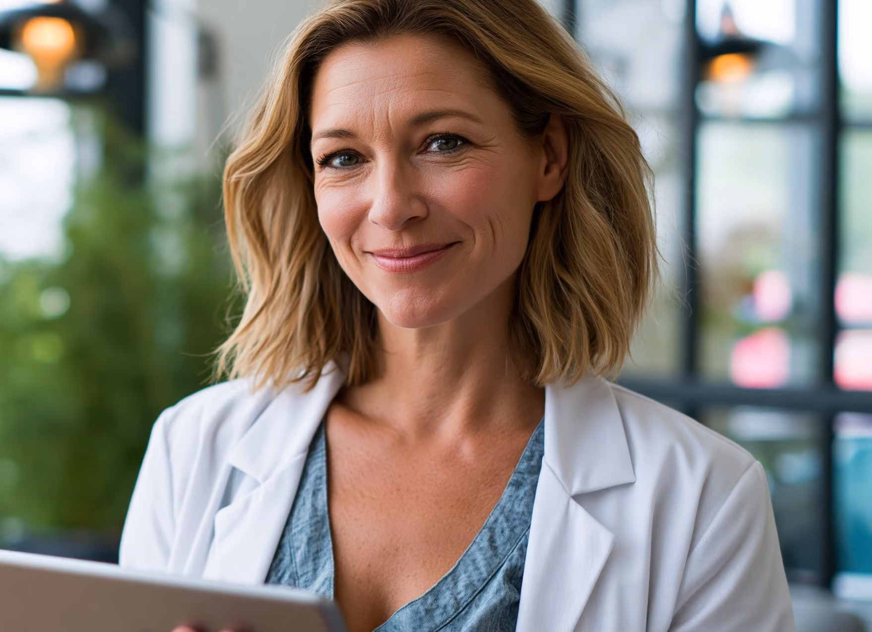 Smiling woman with blonde hair wearing a white lab coat and blue top, holding a tablet, indoors with blurred background.