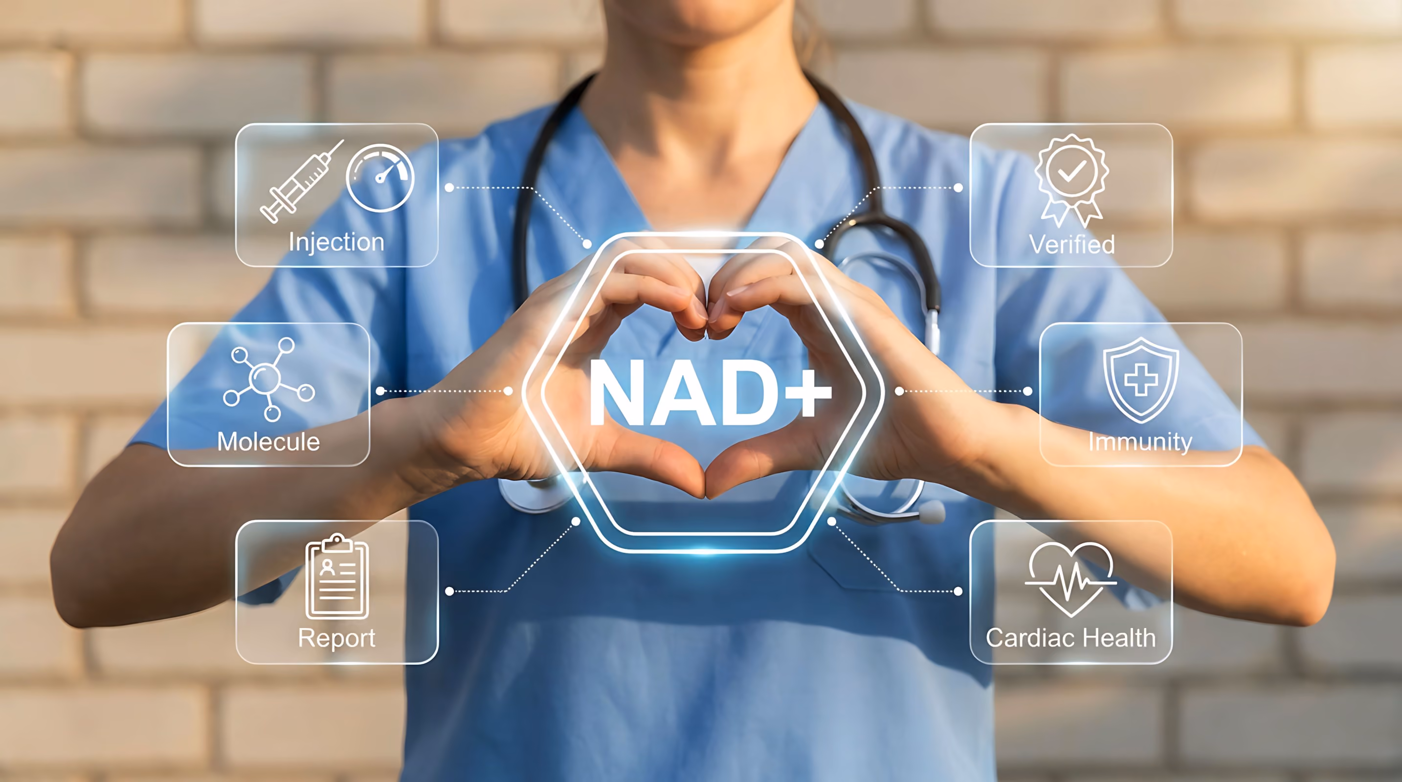 Healthcare professional in blue scrubs and stethoscope making a heart shape with hands around a glowing NAD+ symbol, surrounded by icons labeled Injection, Molecule, Report, Verified, Immunity, and Cardiac Health.
