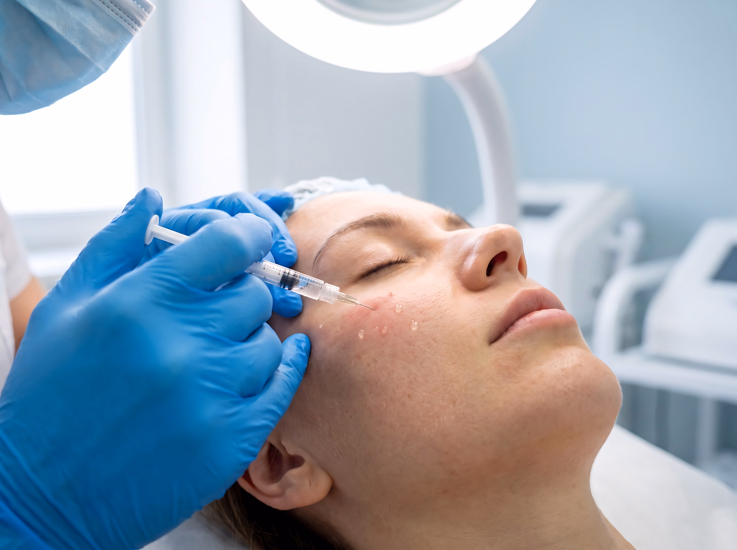 Close-up of a healthcare professional wearing blue gloves injecting a substance into a woman's face near her cheek while she lies with eyes closed in a clinical setting.