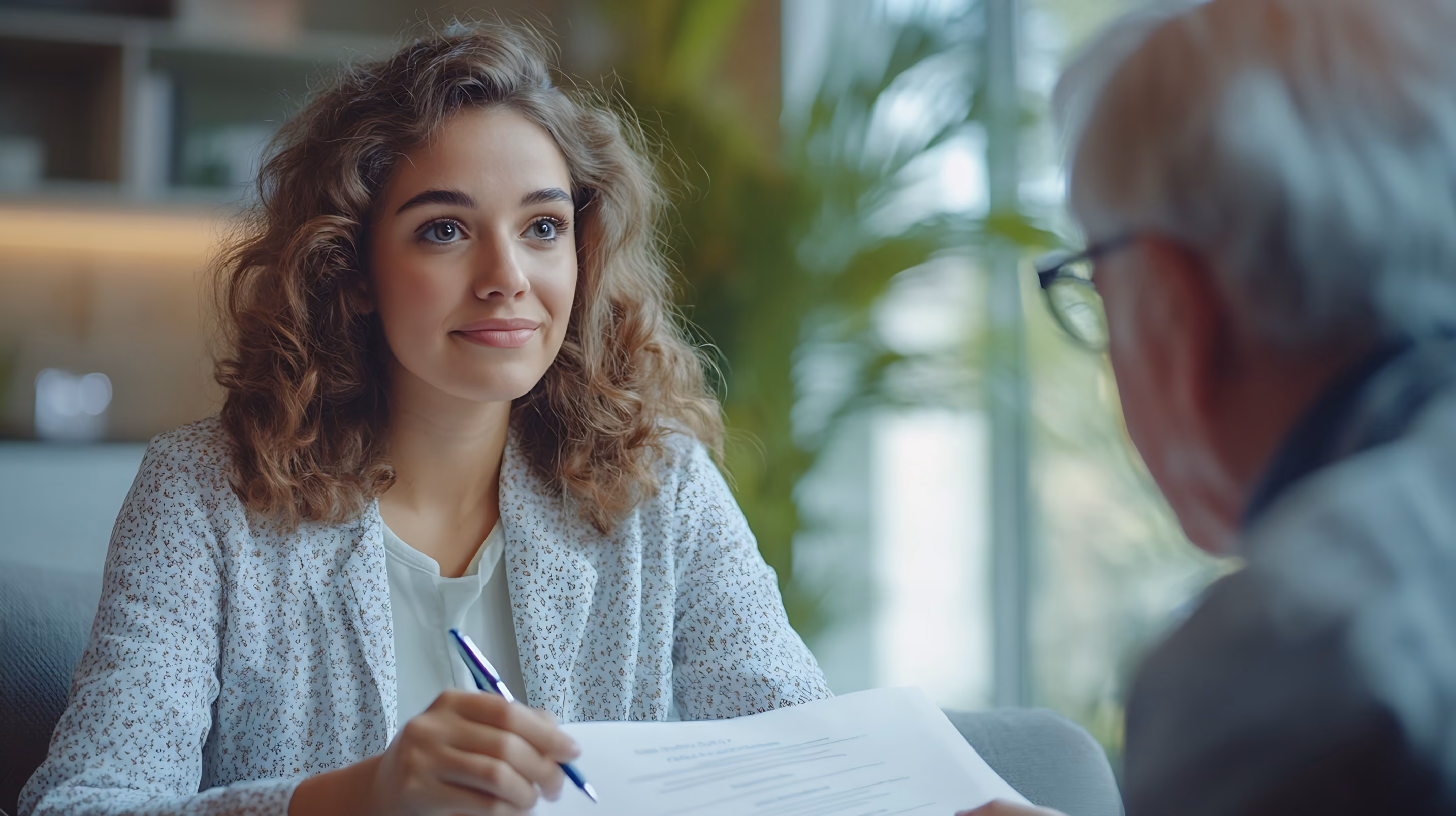 A young woman with curly hair in a patterned blazer holds a document and pen, attentively listening to an older man wearing glasses in a well-lit indoor setting.