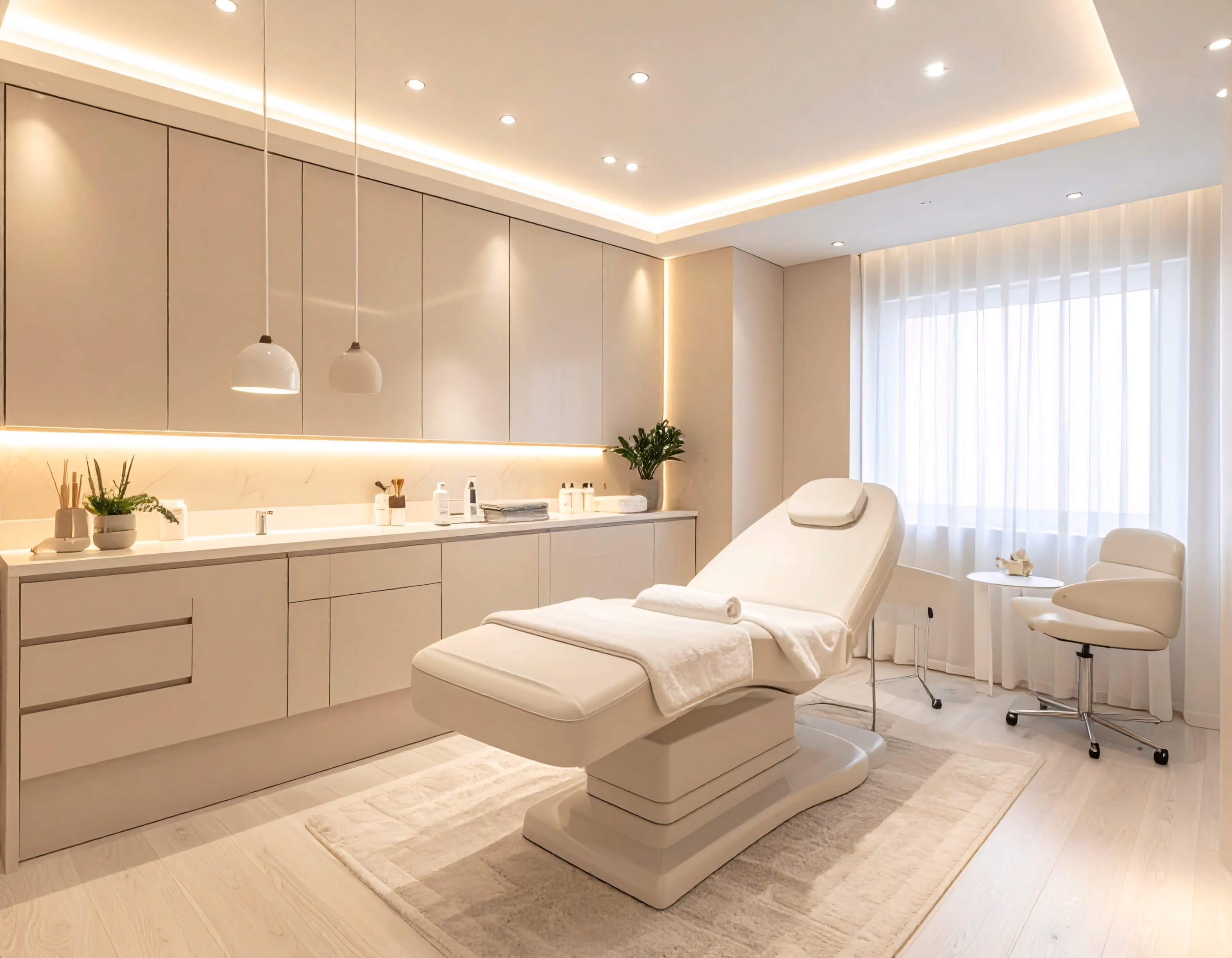 Bright, modern spa treatment room with a white reclining treatment bed, beige cabinetry, two pendant lights, a small round table, and a beige chair by a large window with sheer curtains.
