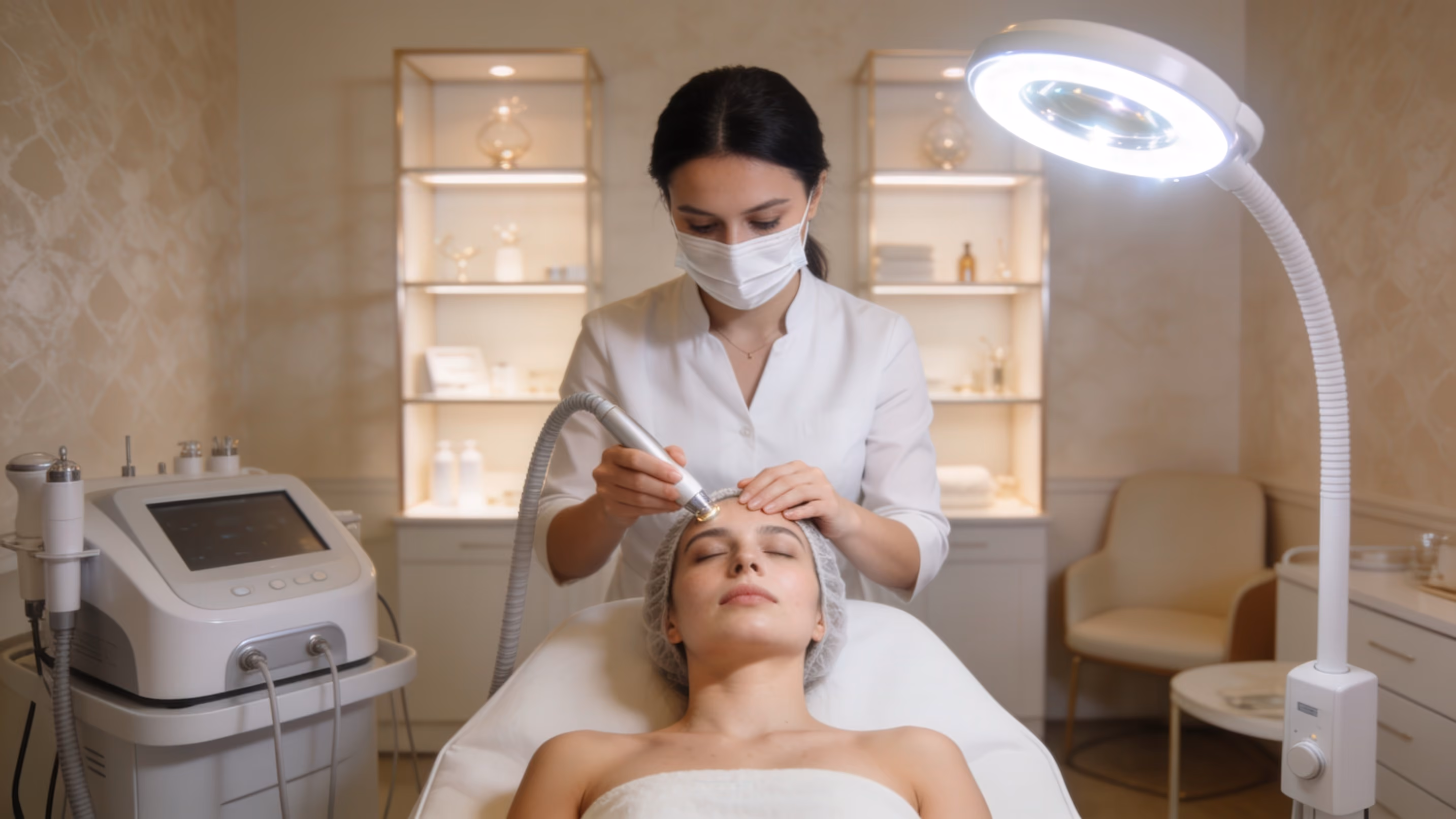 A skincare professional wearing a white coat and face mask uses a handheld device to perform a facial treatment on a woman lying on a treatment bed in a well-lit spa room.